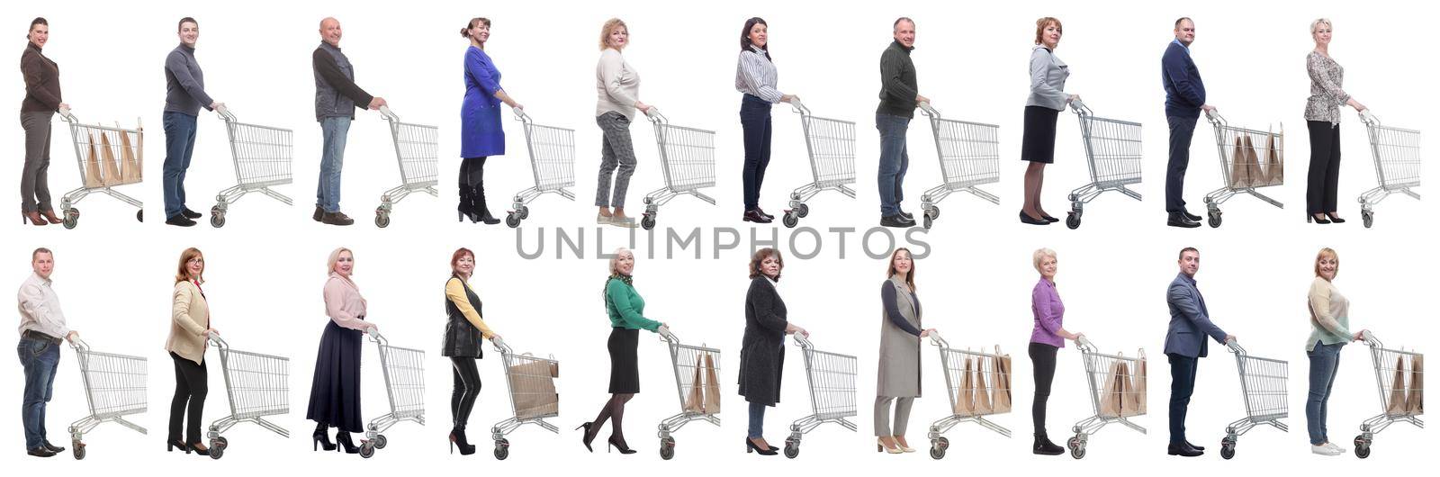 group of people with cart looking at camera isolated by asdf