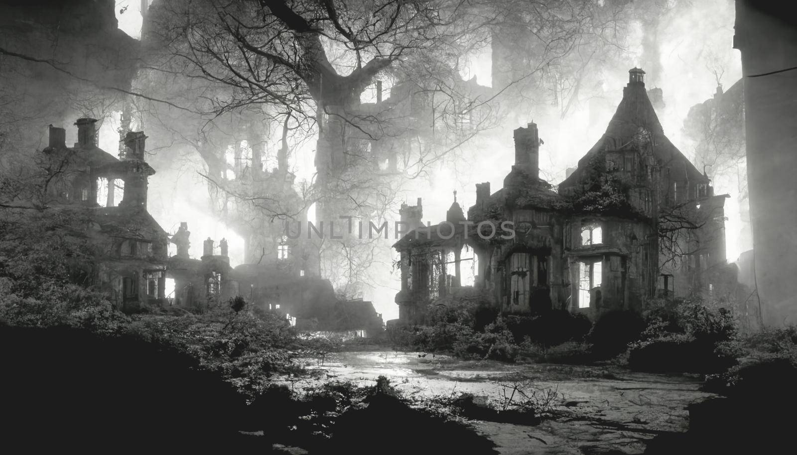 Blurred background of decrepit haunted house in the dark, Halloween background concept. 3D render