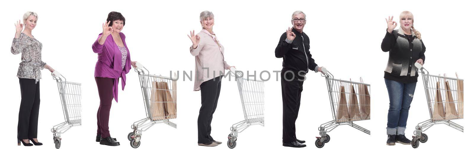 group of people in profile with shopping cart isolated by asdf