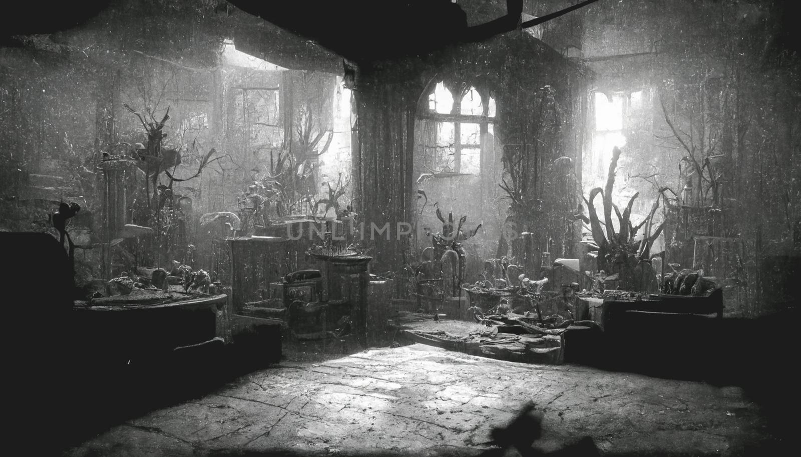 Blurred background of decrepit haunted house in the dark, Halloween background concept. 3D render