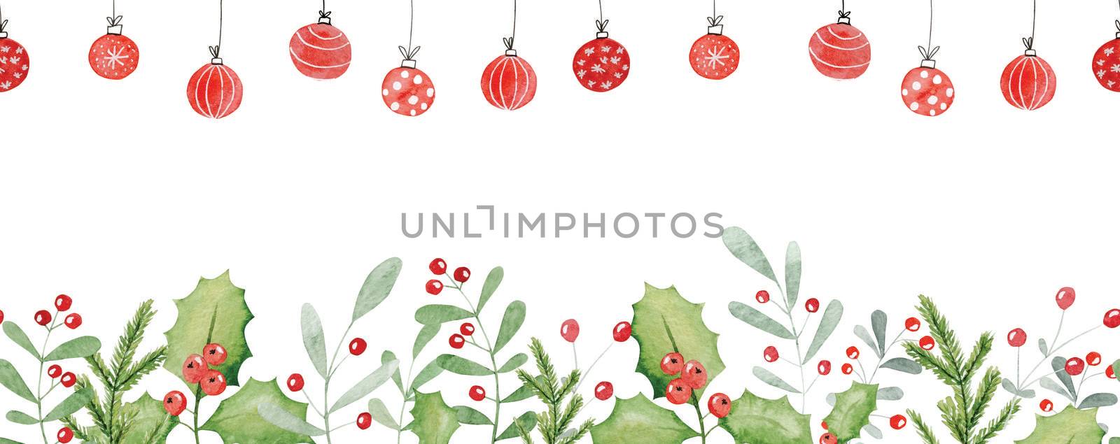 Merry Christmas and New Year decoration winter watercolor painting with pine tree, berries and copyspace. Aquarelle holiday xmas postcard template