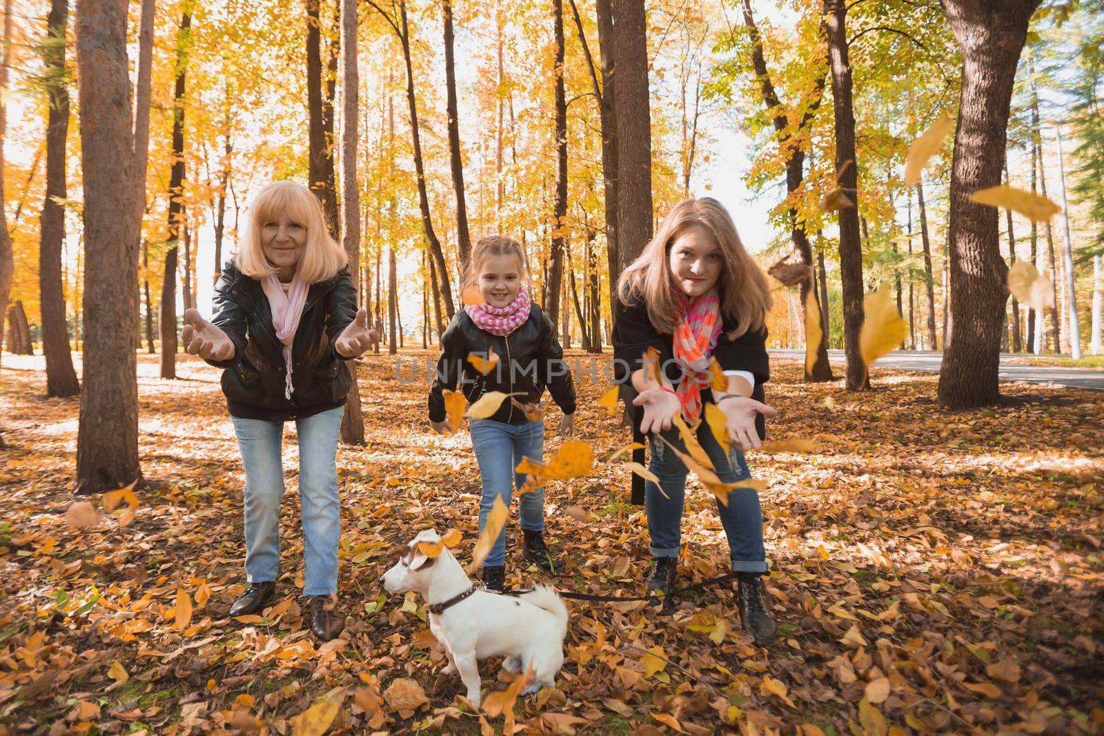 Grandmother and mother with granddaughter throw up fall leaves in autumn park and having fun. Generation, leisure and family concept. by Satura86