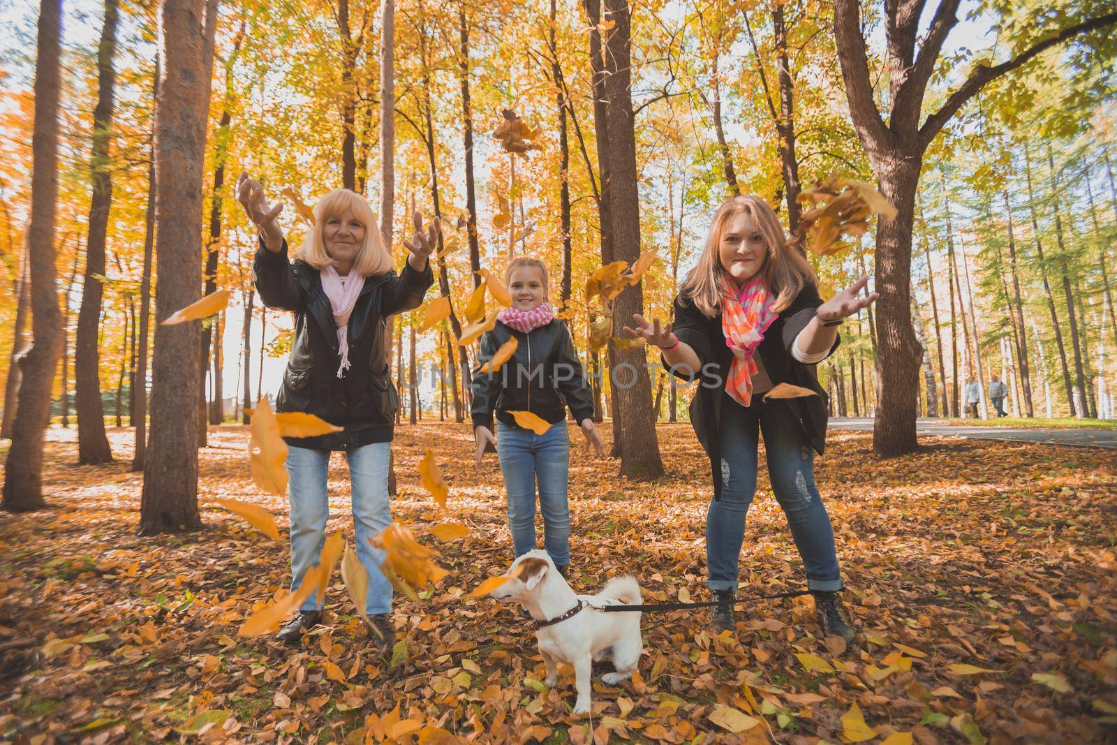 Grandmother and mother with granddaughter throw up fall leaves in autumn park and having fun. Generation, leisure and family concept. by Satura86