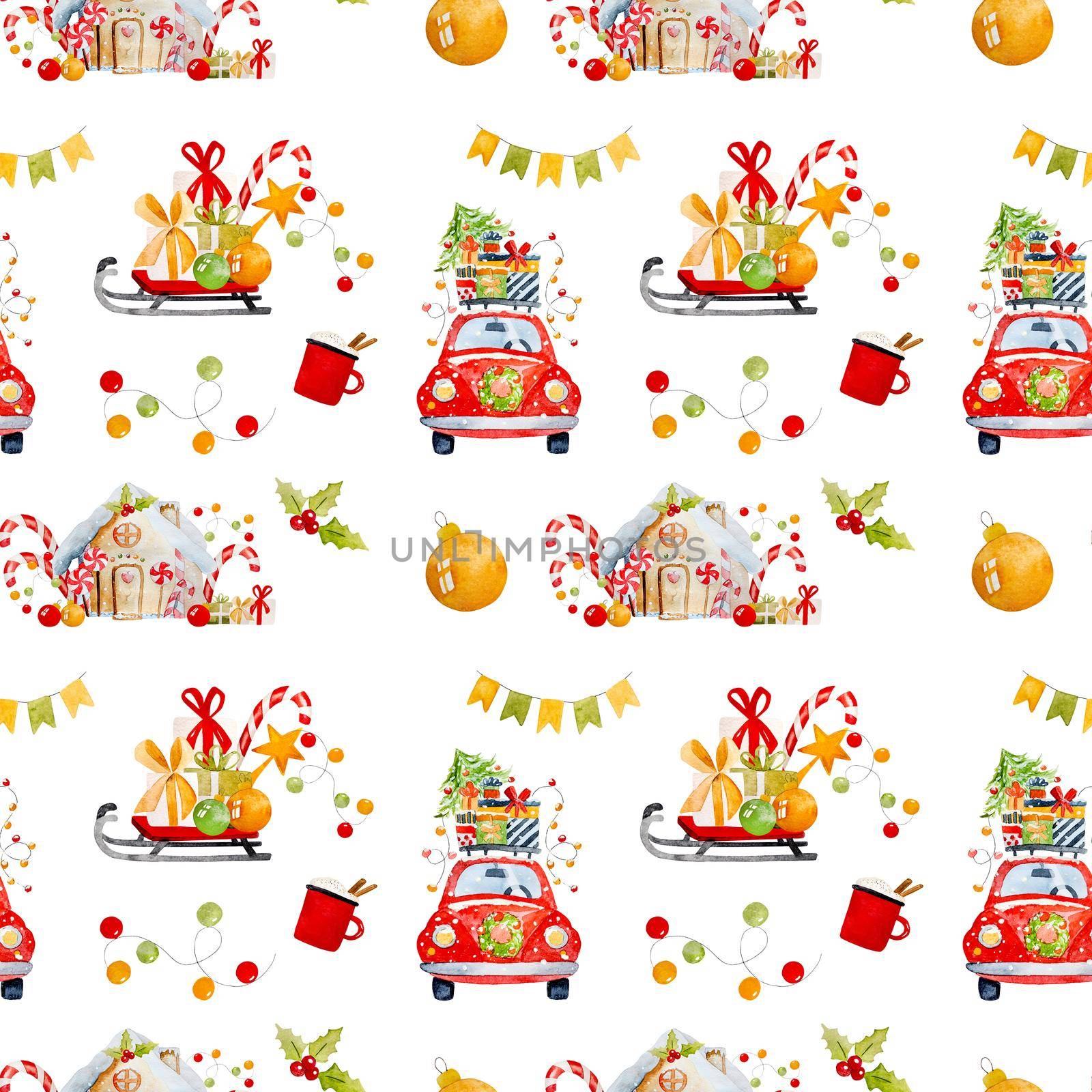 Christmas drawings watercolor seamless pattern with red car, xmas tree and sleg. New Year festive paintings with house, lollipop and gift