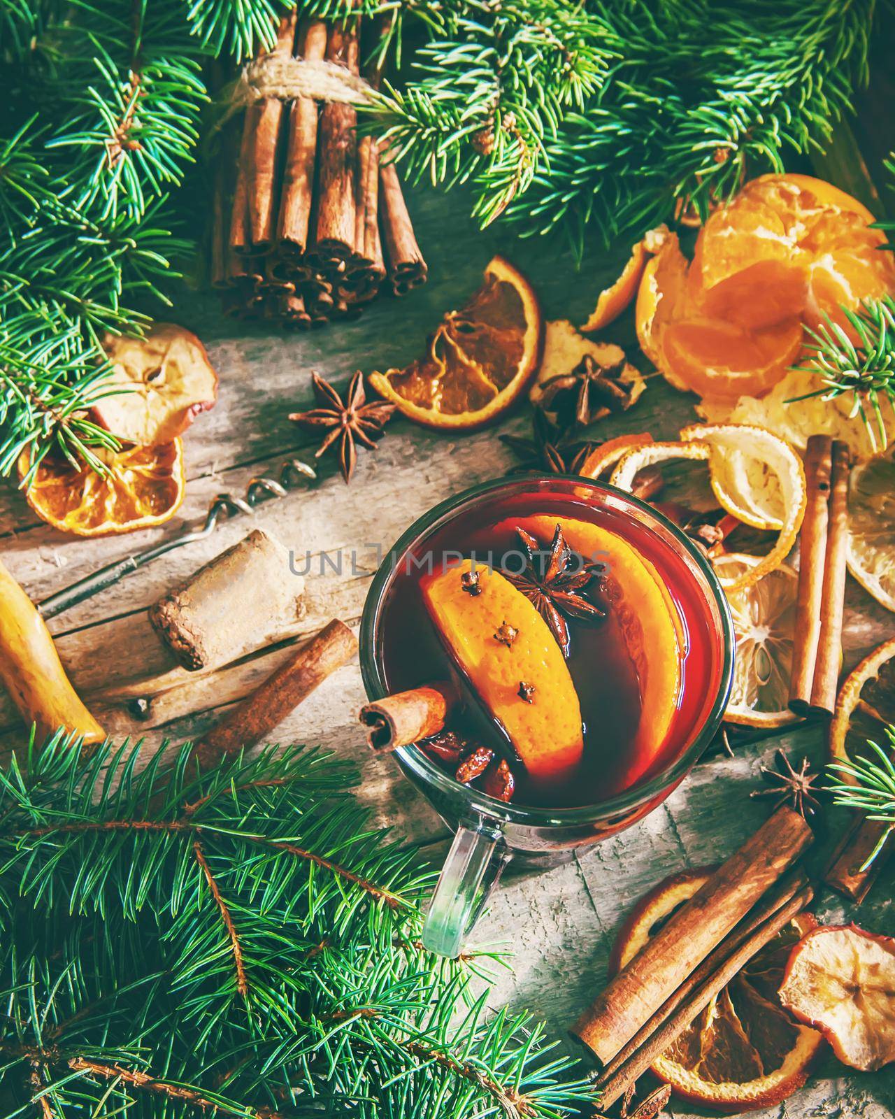 Mulled wine. With spices. Selective focus. Food and drink