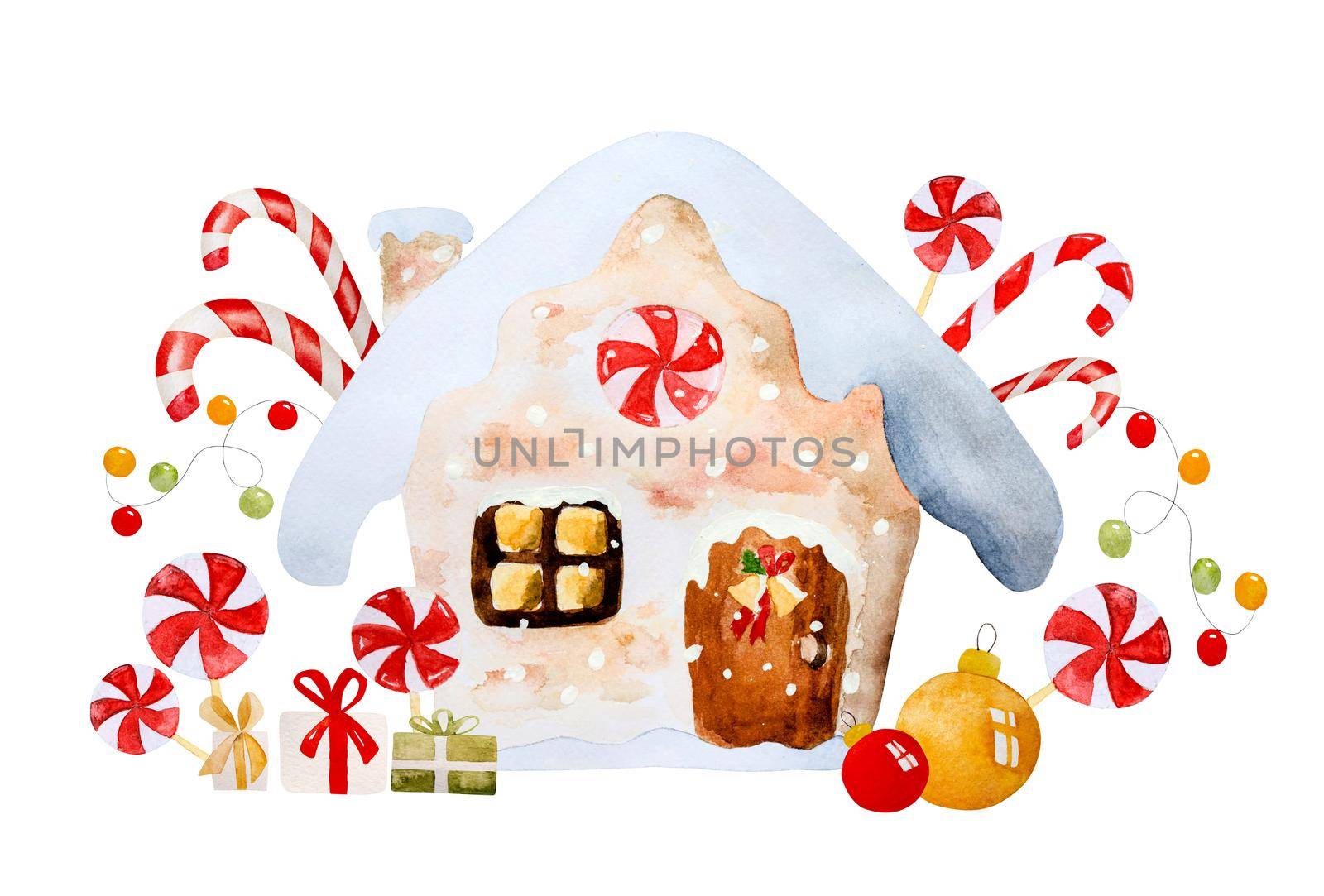 Christmas gingerbread house with sleg, lollipop and gifts illustration. New Year xmas festive postcard