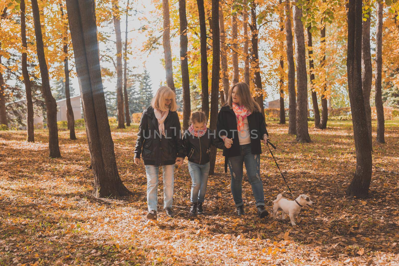 Grandmother and mother with granddaughter throw up fall leaves in autumn park and having fun. Generation, leisure and family concept