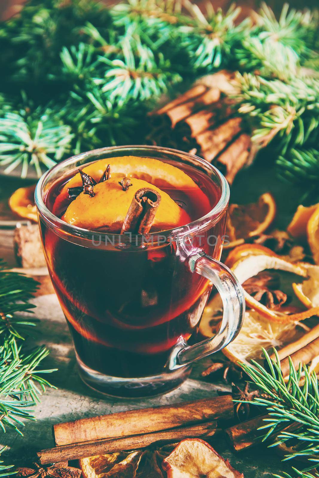 Mulled wine. With spices. Selective focus. Food and drink