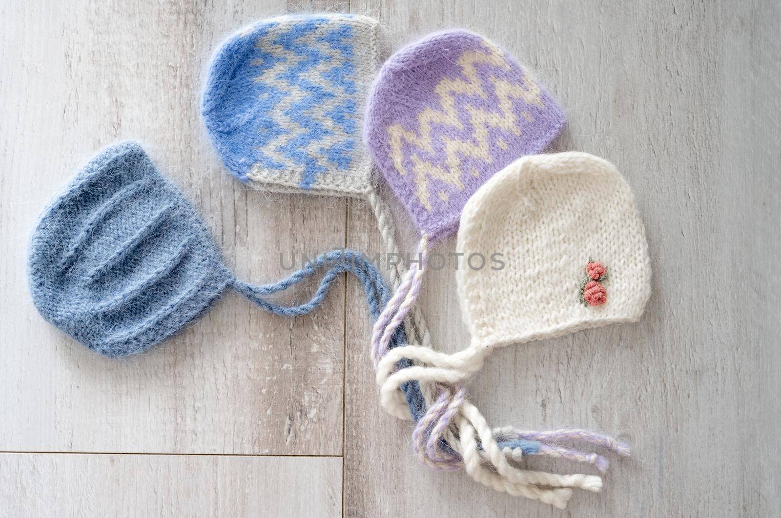 set of tender knitted hats for newborn. props for photo sessions