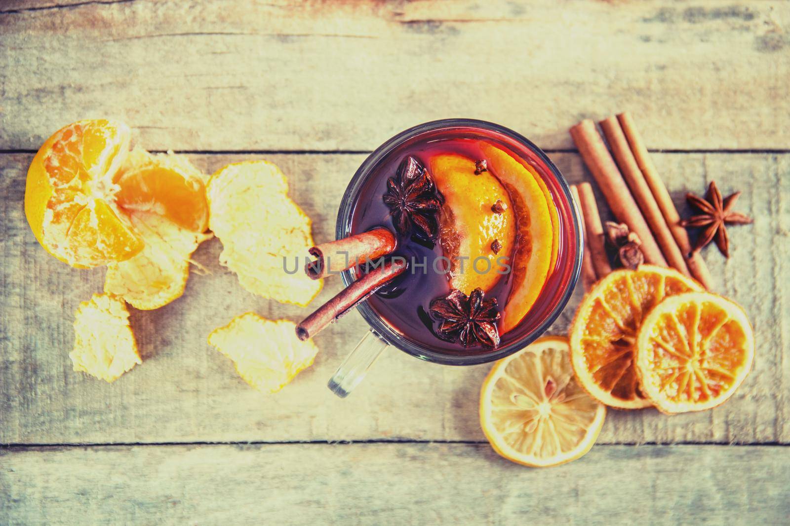 Mulled wine. With spices. Selective focus. Food and drink