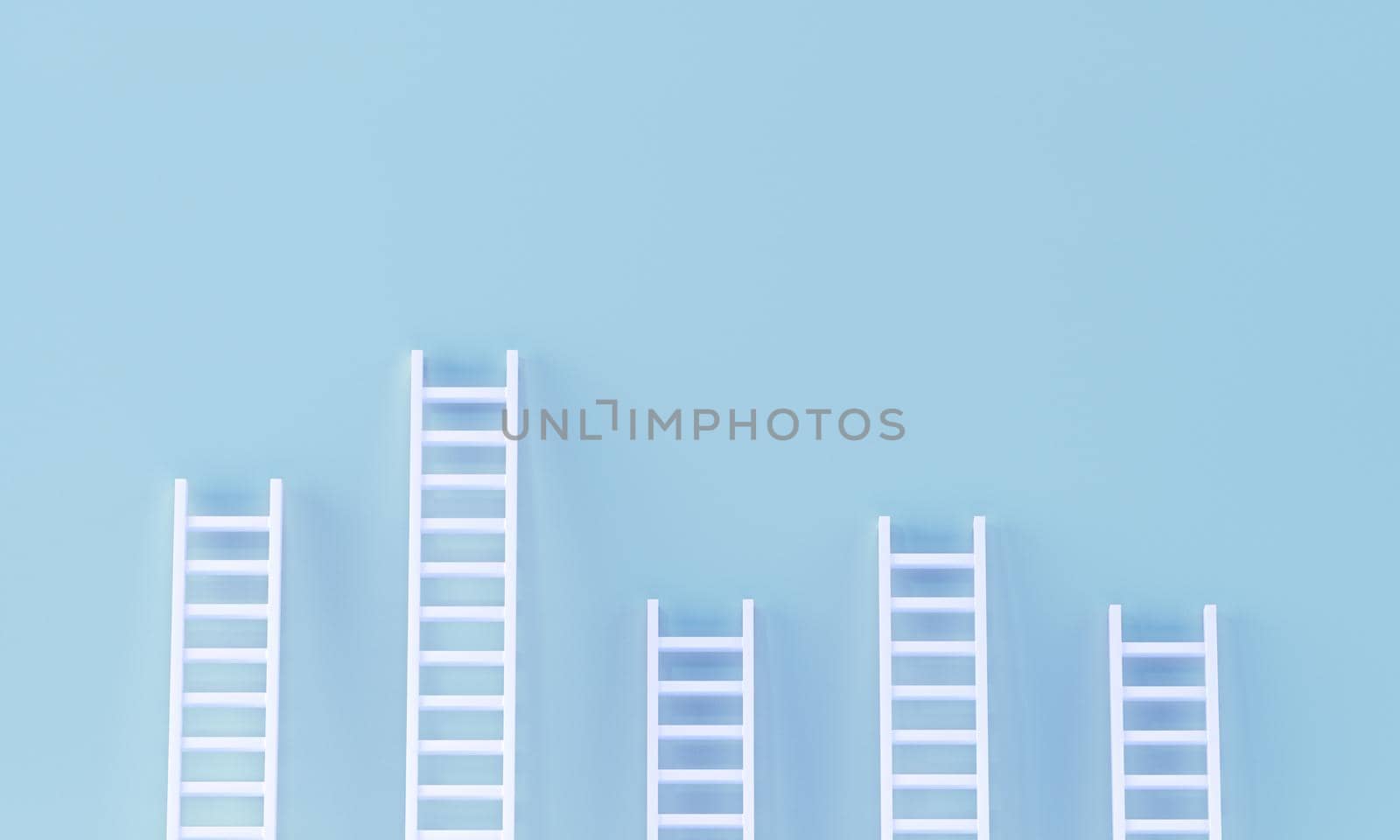 Ladder random collection on pastel blue wall. minimal studio background. 3d rendering