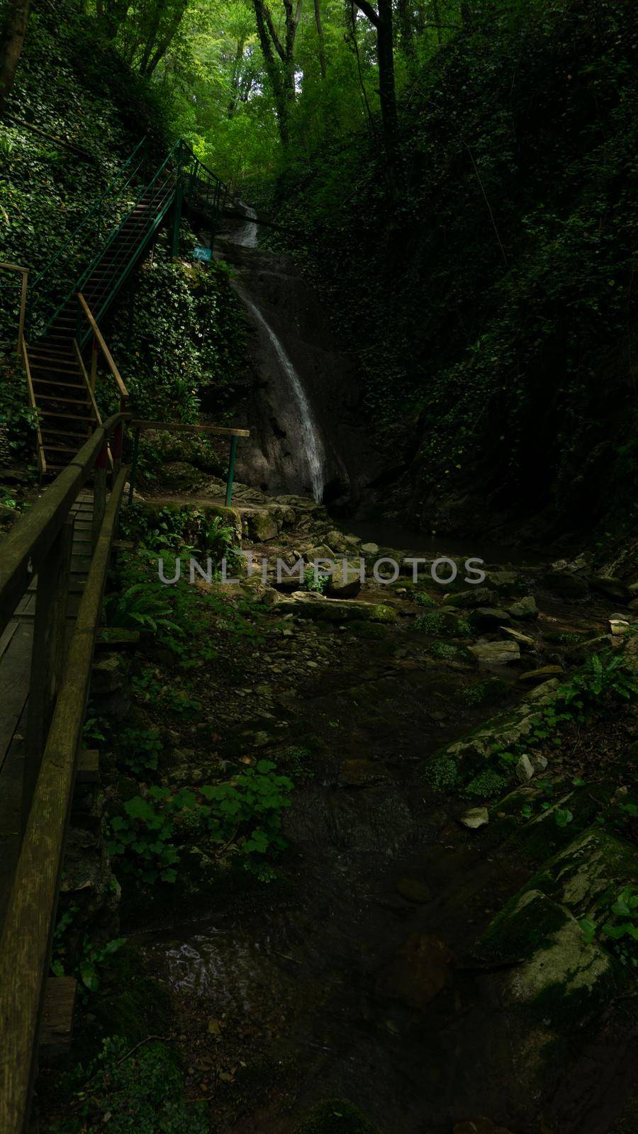 Forest waterfall in Sochi, Russia. Berendeyevo kingdom tourist trail. by Asnia