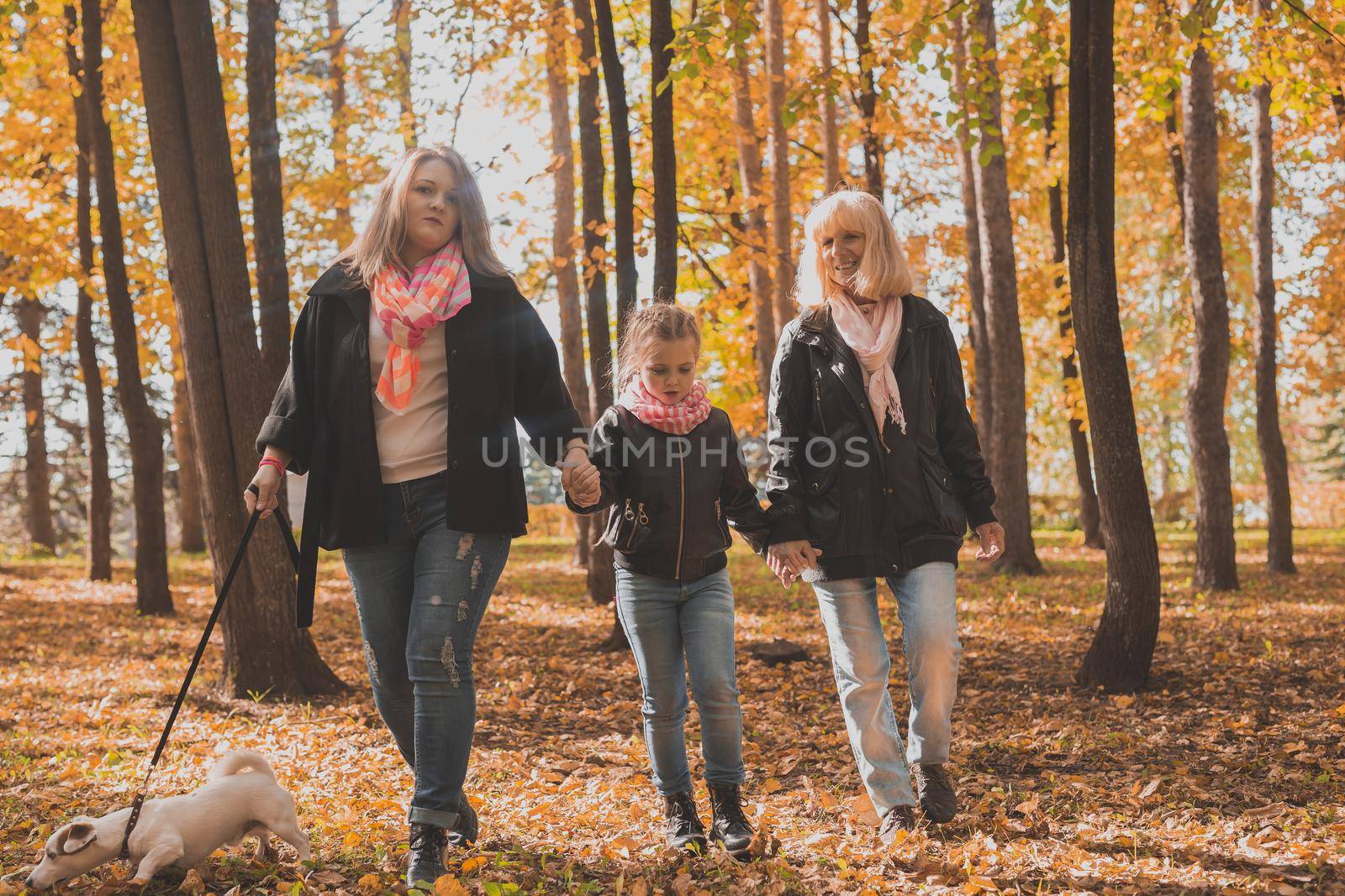 Grandmother and mother with granddaughter walks together in autumn park and having fun. Generation, leisure and family concept. by Satura86