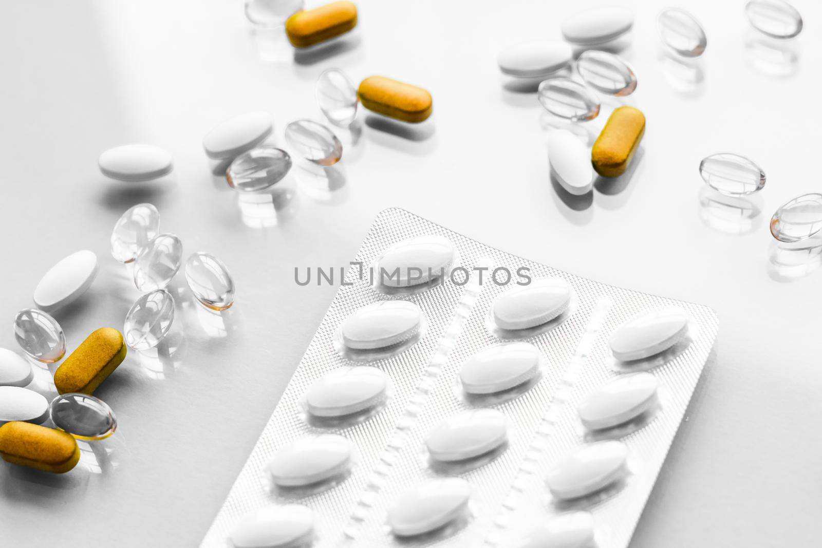 Pharma, branding and lab concept - Pills and capsules for diet nutrition, anti-aging beauty supplements, probiotic drugs, pill vitamins as medicine and healthcare cosmetics, pharmacy brand background