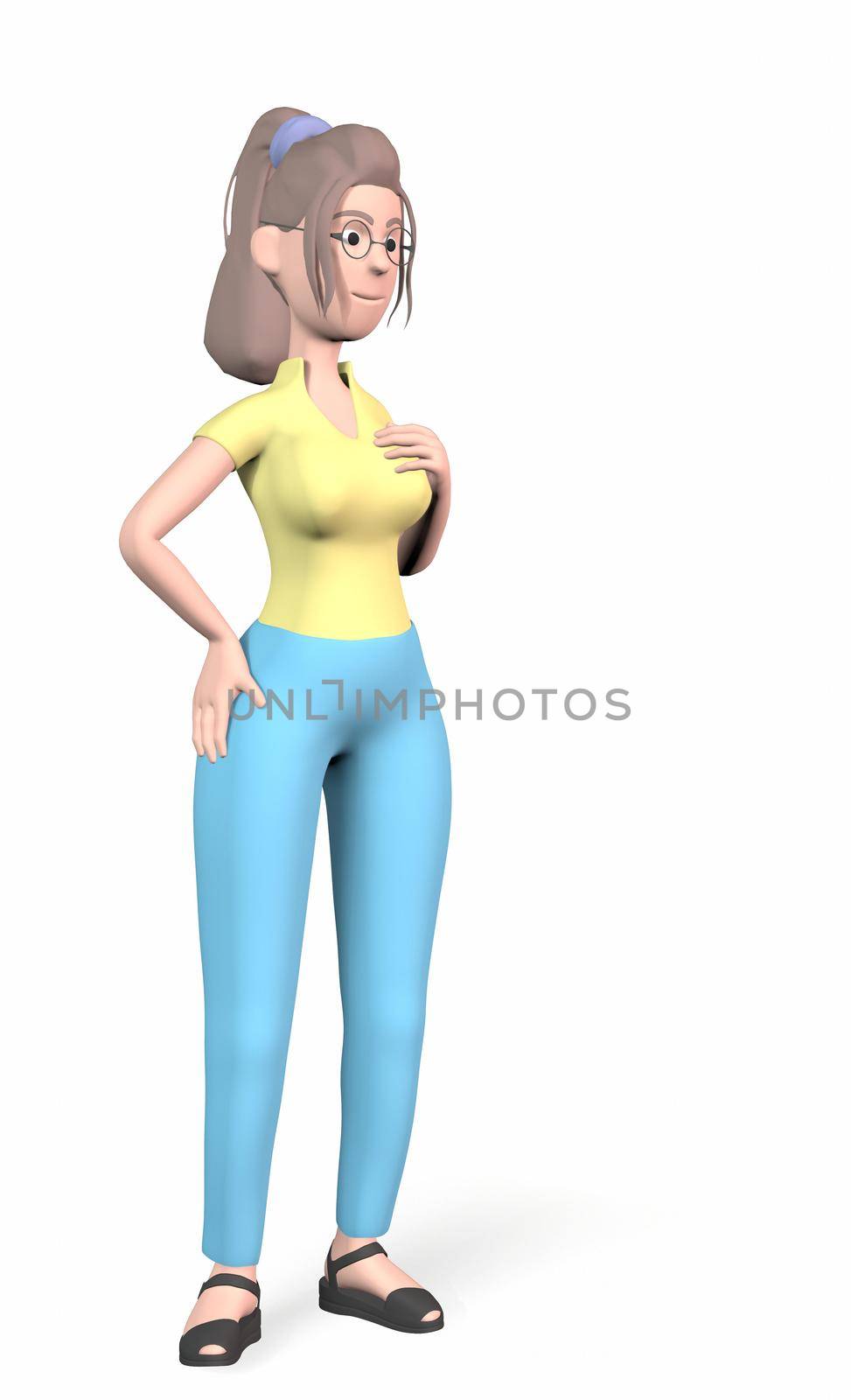a girl holds her chest or heart with one hand on a white background 3d-rendering.