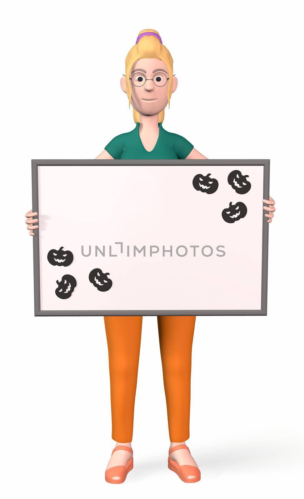 a girl holds a writing board with pumpkin patterns in the corners for Halloween 3d-rendering.