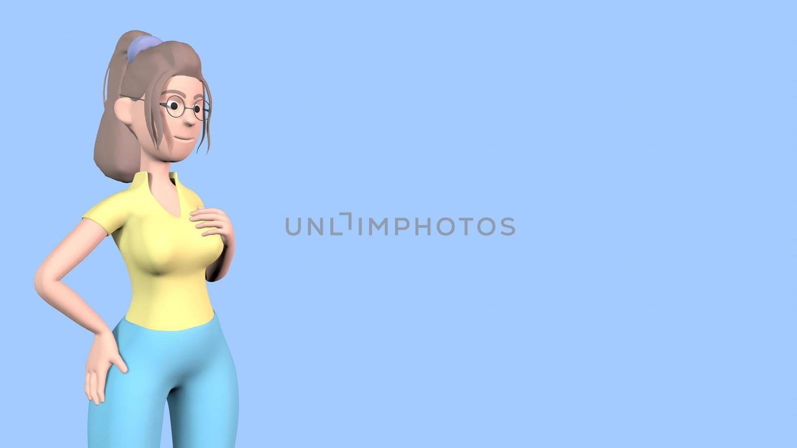 A girl with glasses and a blue shirt with a big bust holds her chest with one hand on the blue background 3d-rendering.