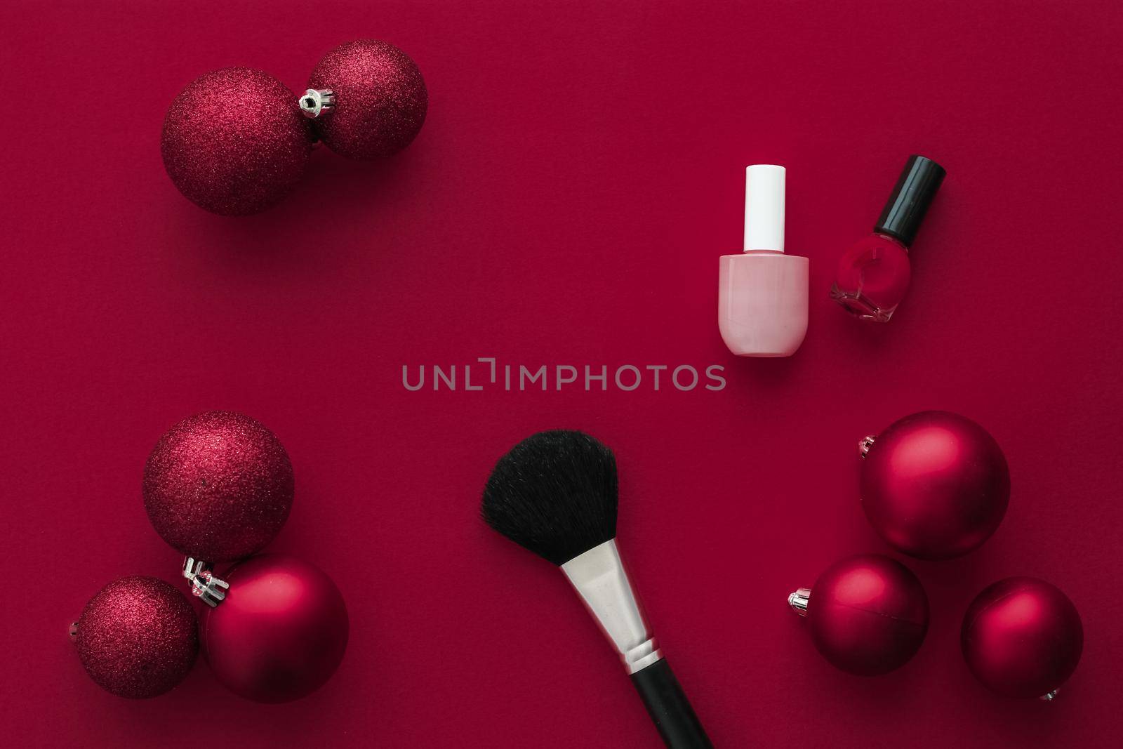 Cosmetic branding, fashion blog cover and girly glamour concept - Make-up and cosmetics product set for beauty brand Christmas sale promotion, luxury wine flatlay background as holiday design