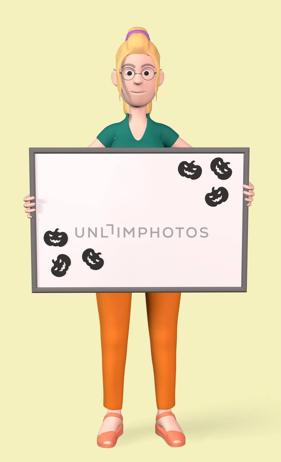 a girl holds a writing board with pumpkin patterns in the corners for Halloween on the yellow background 3d-rendering.