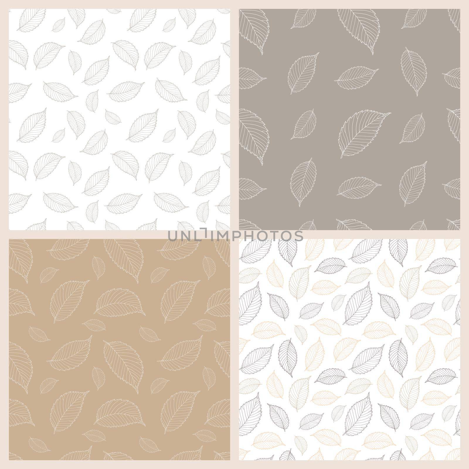 Autumn leaves set of seamless patterns. Contour drawing of autumn leaves. Pestle palette. Vector illustration. Suitable for fabric, wrapping paper, wallpaper, etc.