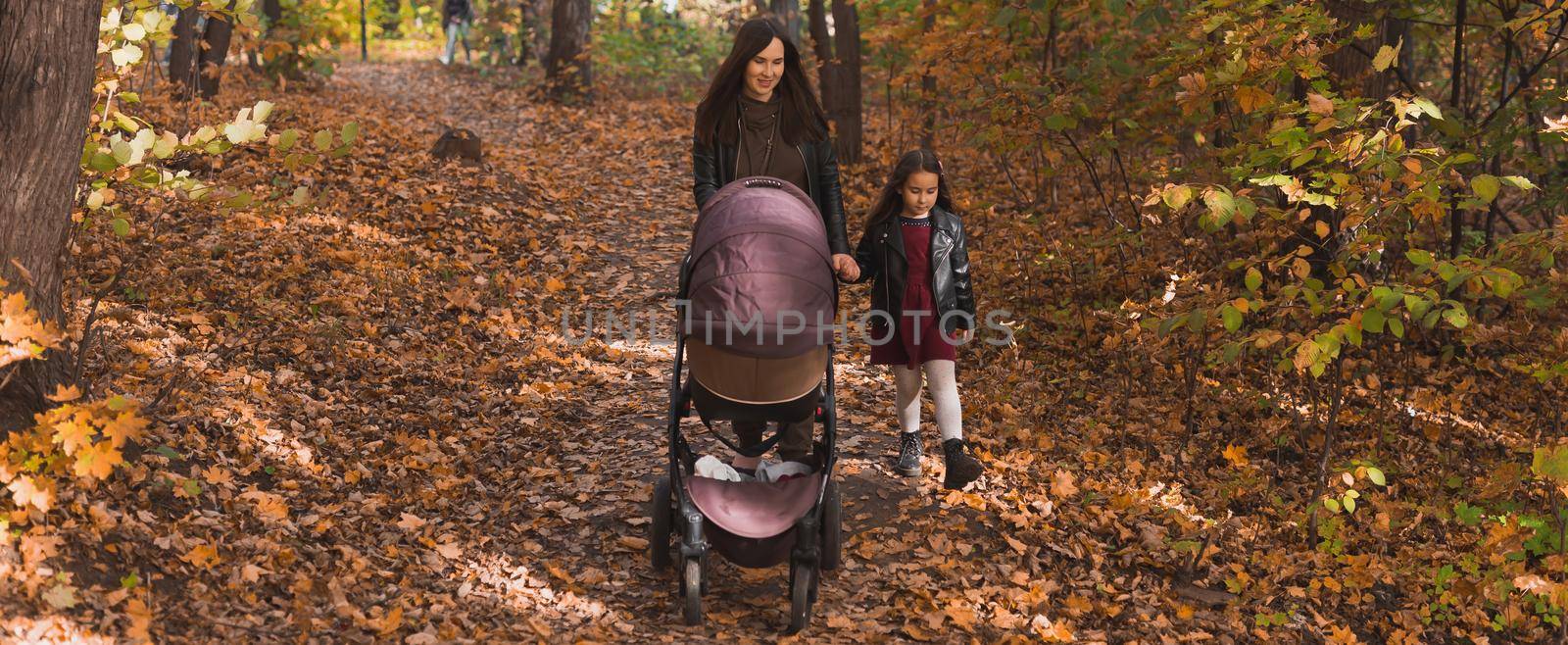 Banner mother and her little daughter and a baby in pram on walk in autumn wood copy space by Satura86