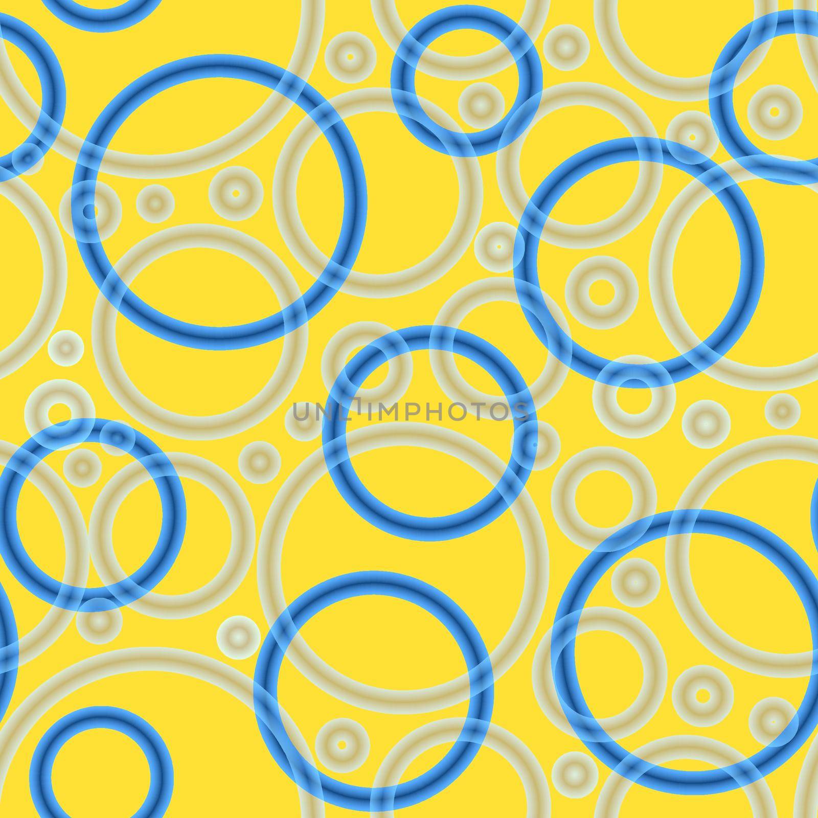 Geometric abstract seamless pattern of random arranged azure rings with dots texture on yellow background.Round shapes halftone point endless wallpaper.For textile,wrapping paper,fashion fabric print