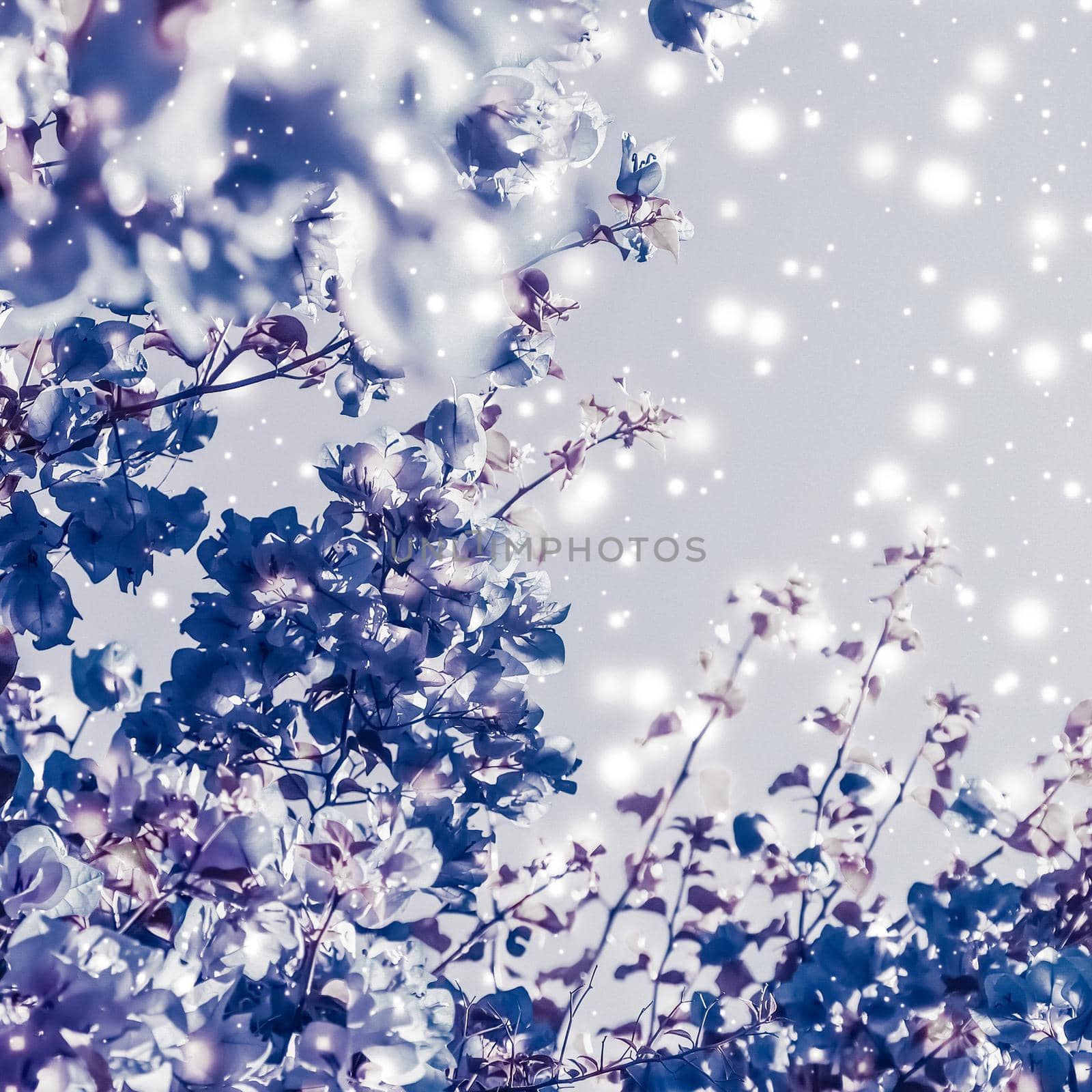 Christmas, New Years purple floral nature background, holiday card design, flower tree and snow glitter as winter season sale backdrop for luxury beauty brand by Anneleven