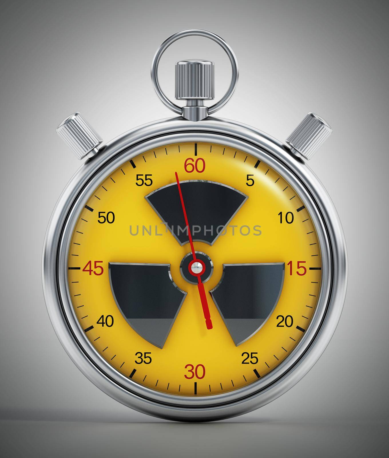 Chronometer with radiation icon. Nuclear war countdown concept. 3D illustration.