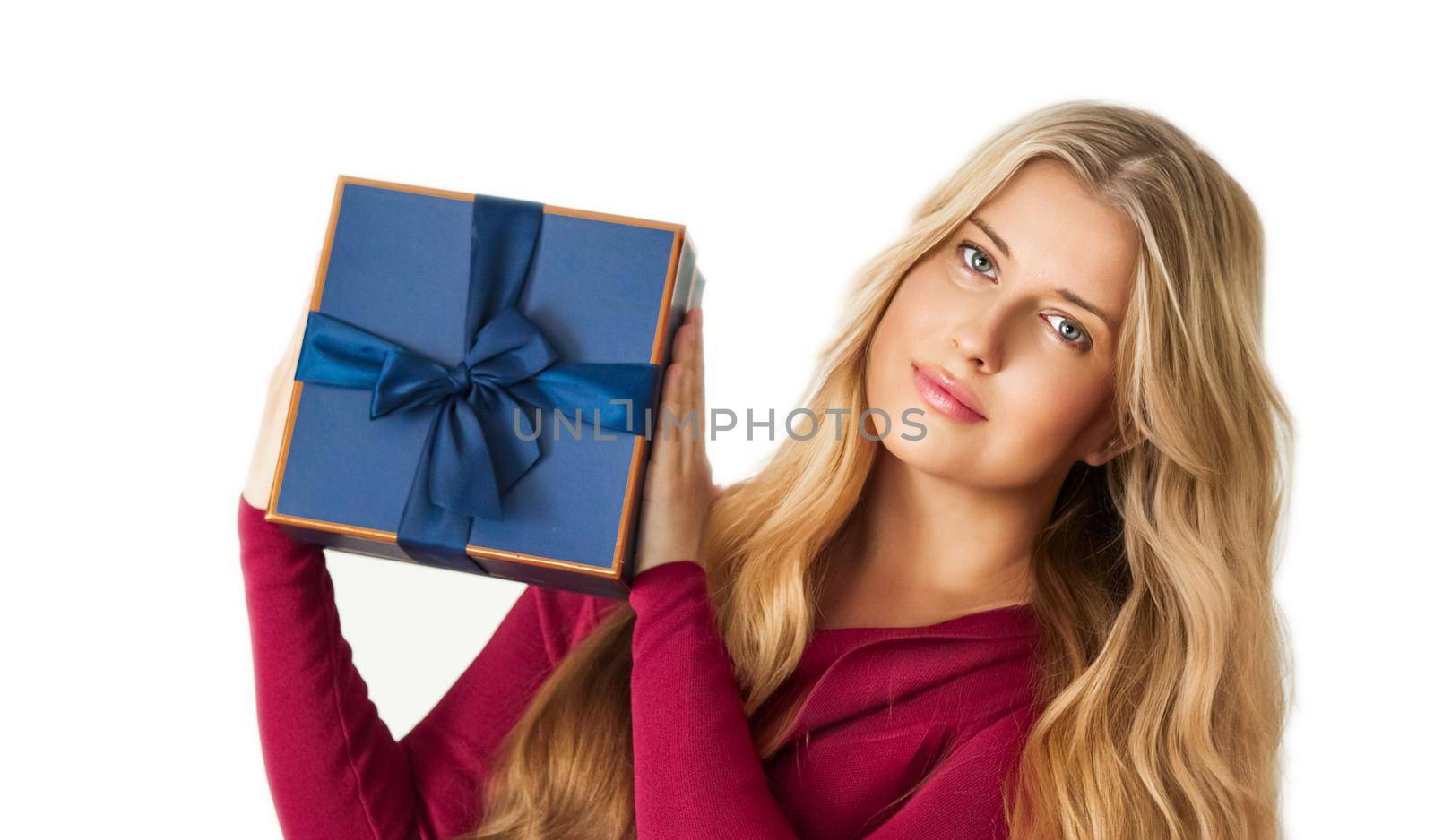 Holiday present, happy woman holding a gift or luxury beauty box subscription delivery isolated on white background, portrait