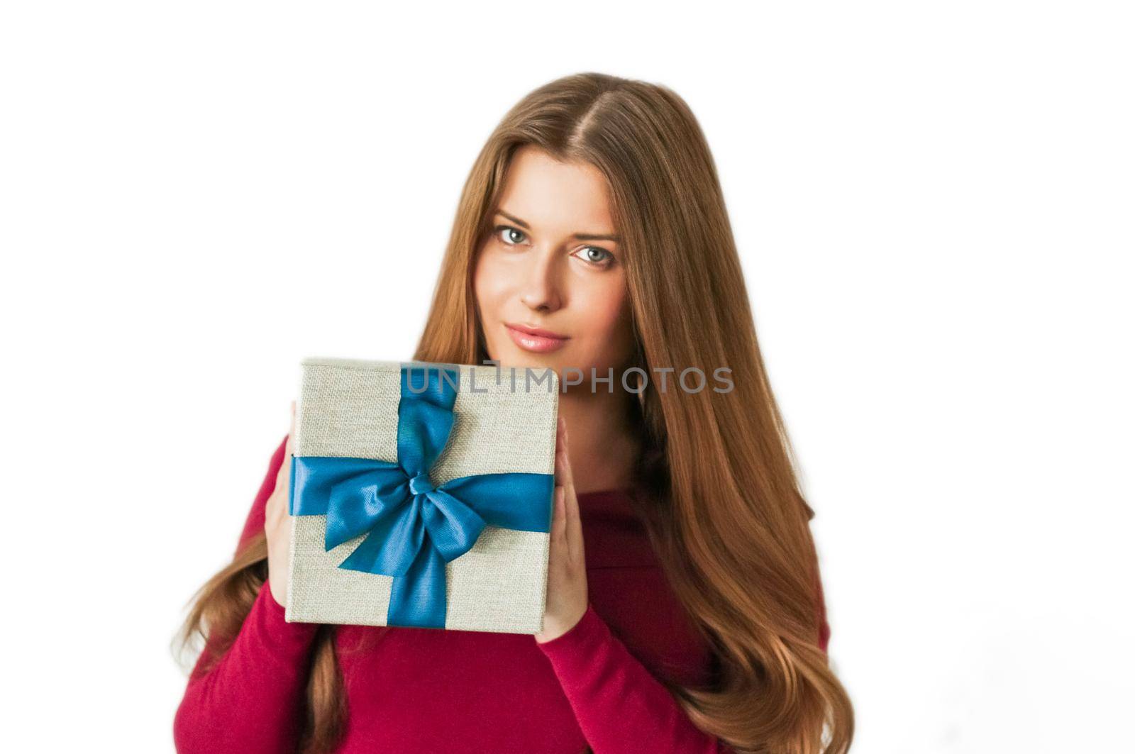 Christmas holiday present, happy woman holding a gift or luxury beauty box subscription delivery isolated on white background by Anneleven