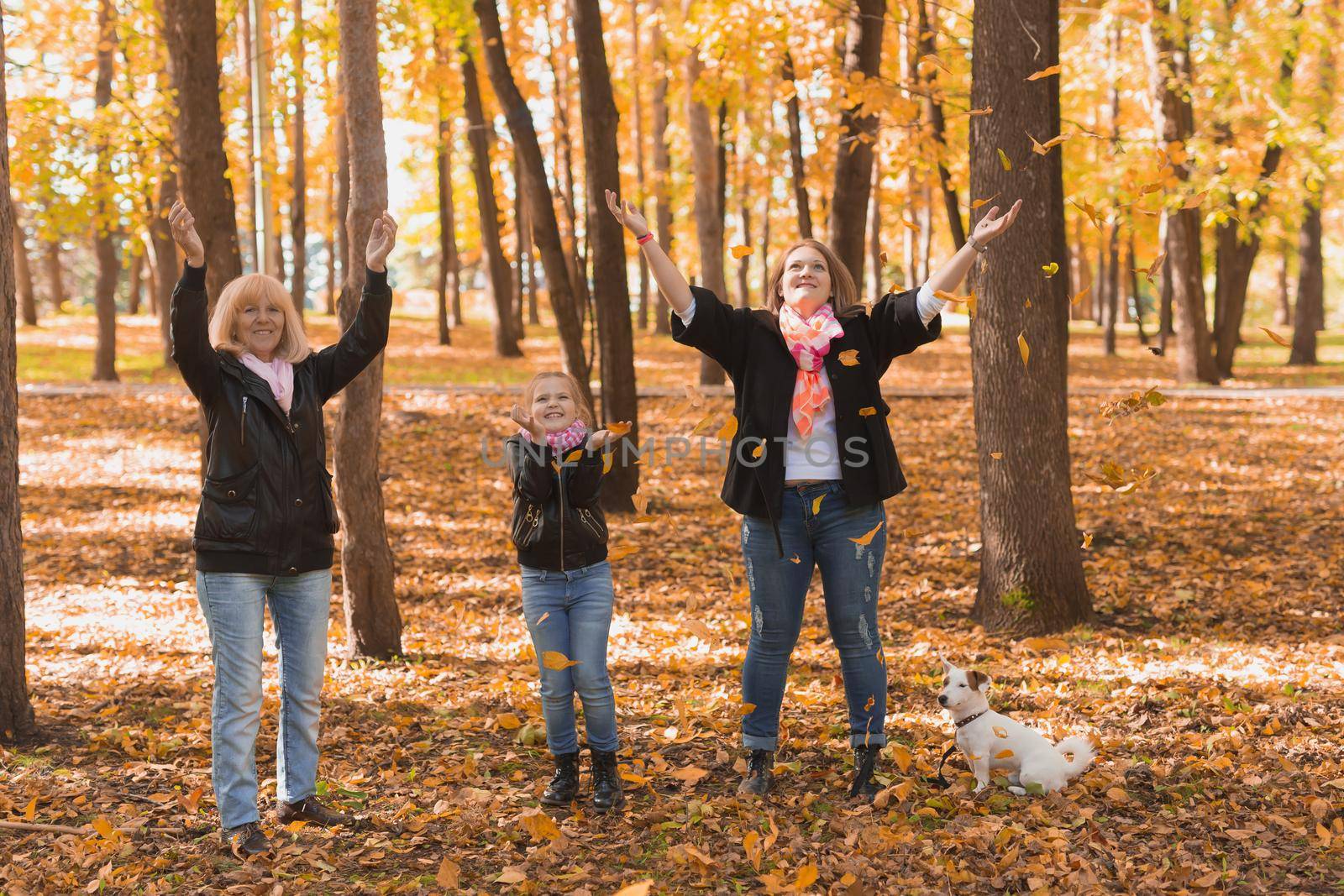 Grandmother and mother with granddaughter throw up fall leaves in autumn park and having fun. Generation, leisure and family concept. by Satura86