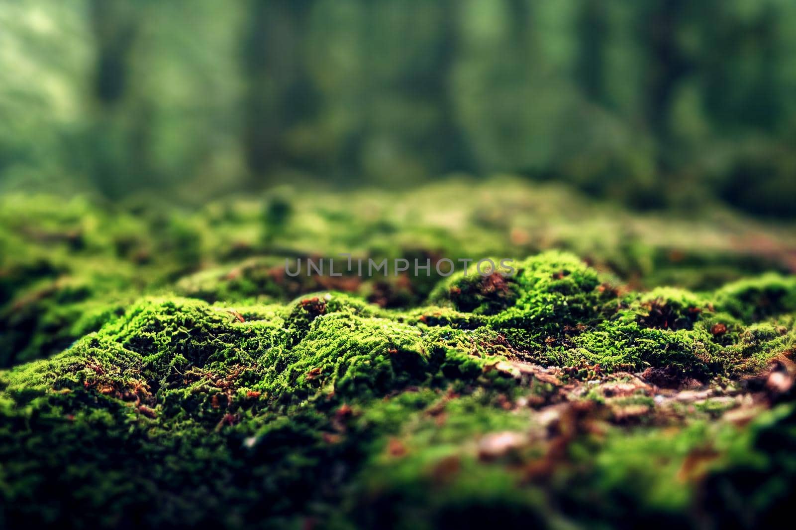 Green forest moss landscape background. Digital Illustration by vmalafeevskiy