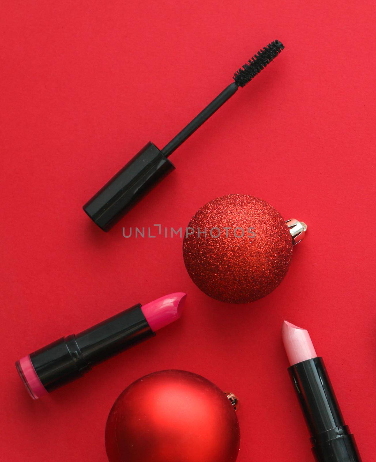 Cosmetic branding, fashion blog cover and girly glamour concept - Make-up and cosmetics product set for beauty brand Christmas sale promotion, luxury red flatlay background as holiday design