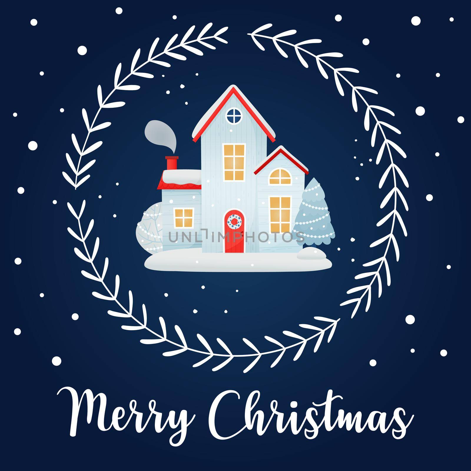 Merry Christmas. Christmas card with winter houses, a decorative wreath and an inscription on a dark blue background. Flat cartoon style. by Lena_Khmelniuk