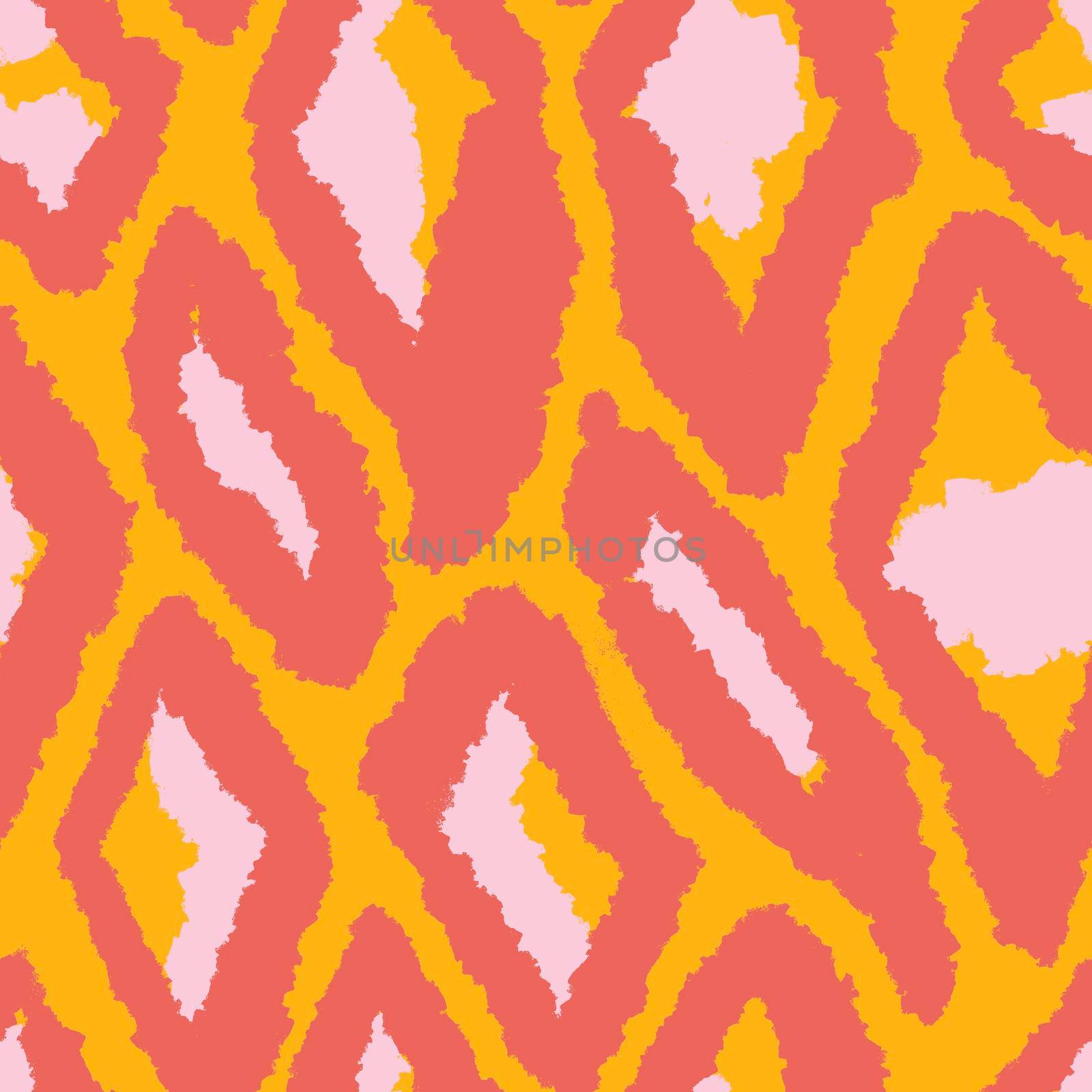Hand drawn seamless pattern with geometric abstract shapes in red orange yellow colors. Mid century modern background for fabric print wallpaper wrapping paper. Contemporary trendy fluid design. by Lagmar