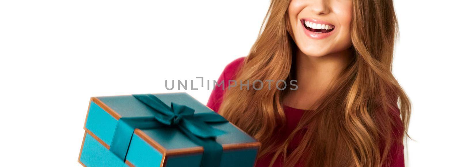 Birthday, Christmas or holiday present, happy woman holding a green gift or luxury beauty box subscription delivery isolated on white background, portrait