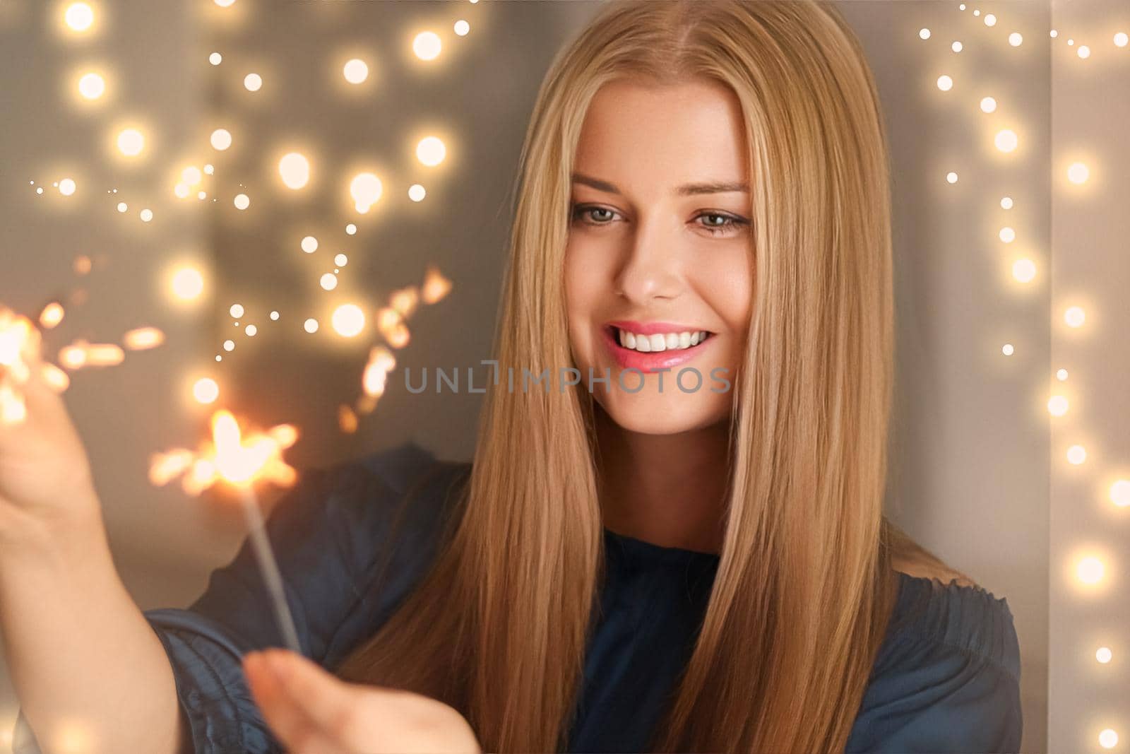 Holiday magic, Christmas and New Year celebration, happy woman with sparklers by Anneleven