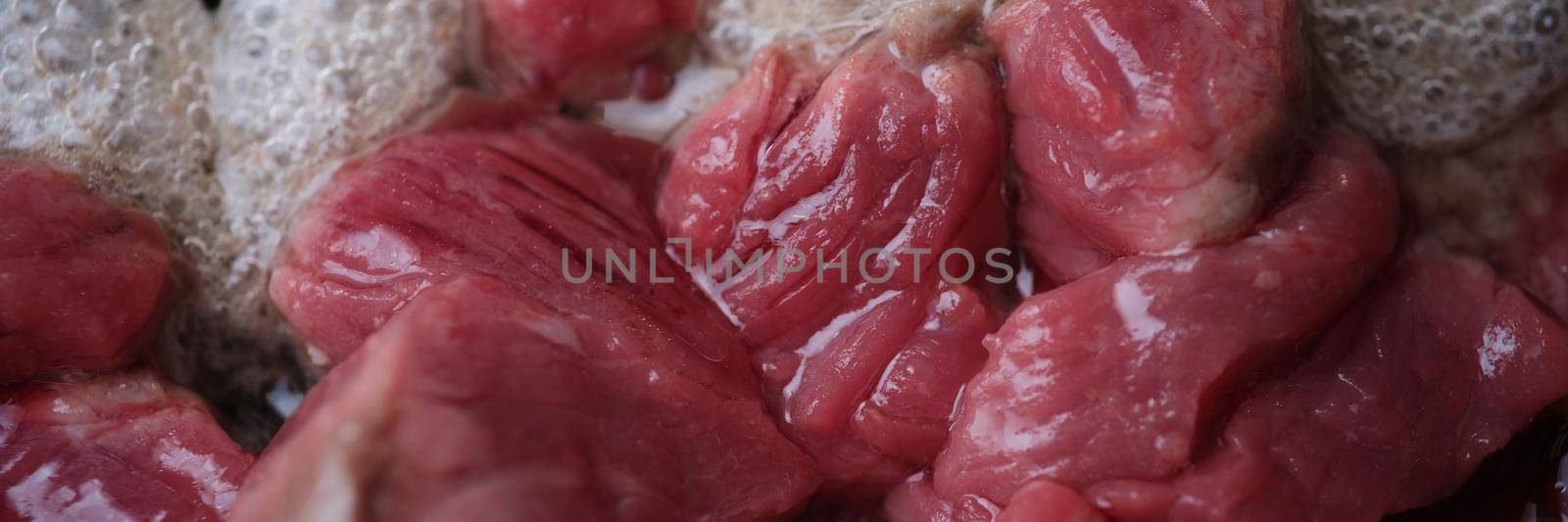 Raw cuts of beef meat being prepared for delicious dinner closeup by kuprevich