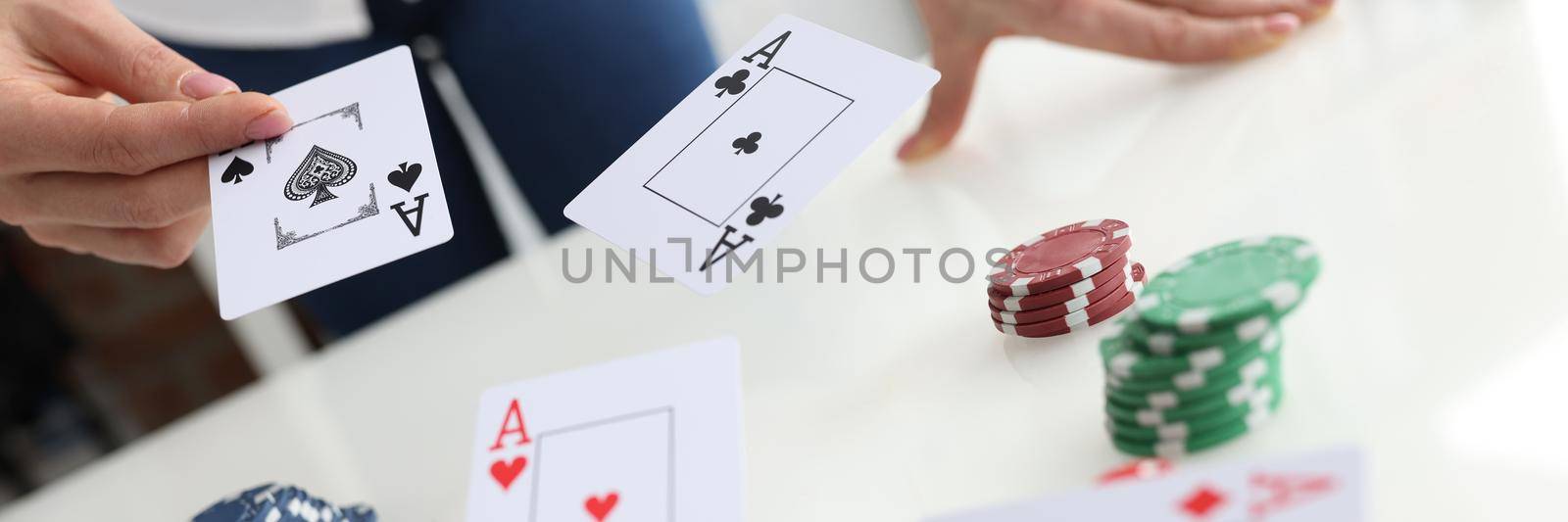 Game moment croupier or player throws the cards on table. Game poker concept