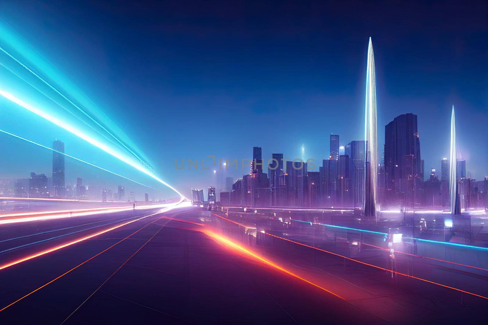 3D Rendering of warp speed in hyper loop with blur light from buildings' lights in mega city at night. Concept of next generation technology, fin tech, big data, 5g fast network, machine learning. High quality illustration
