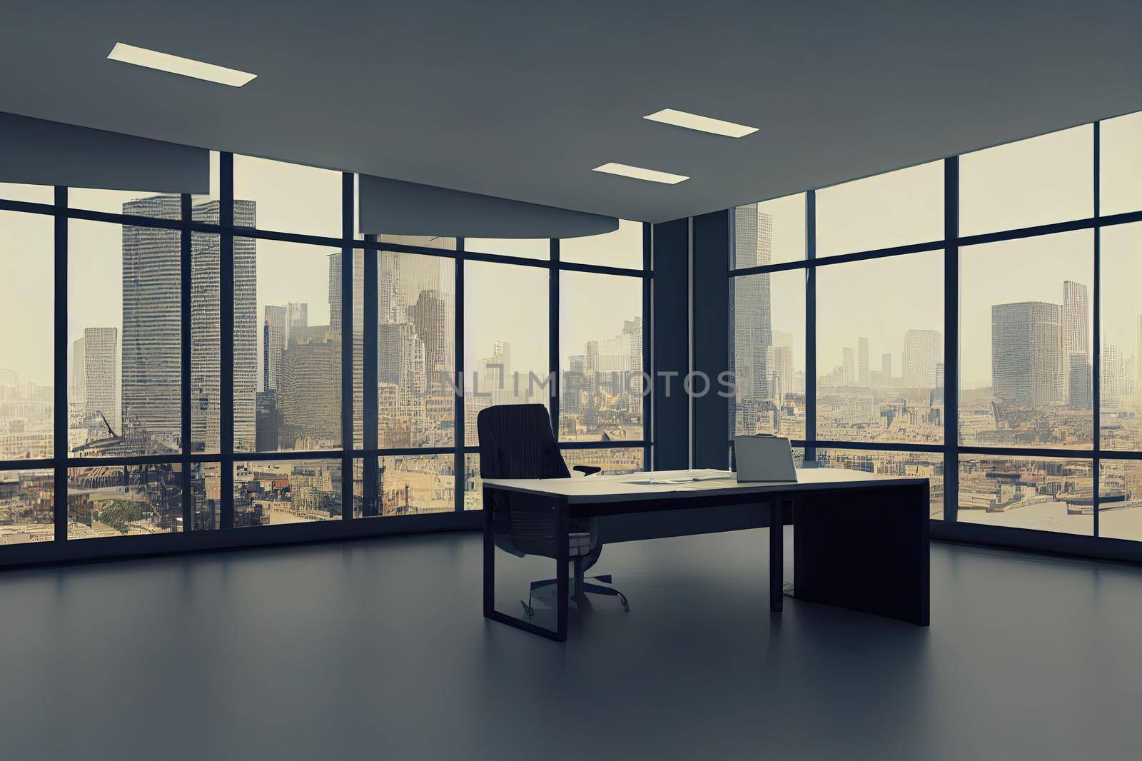 Businessman stand in office viewing beautiful modern city. 3d rendering. High quality illustration