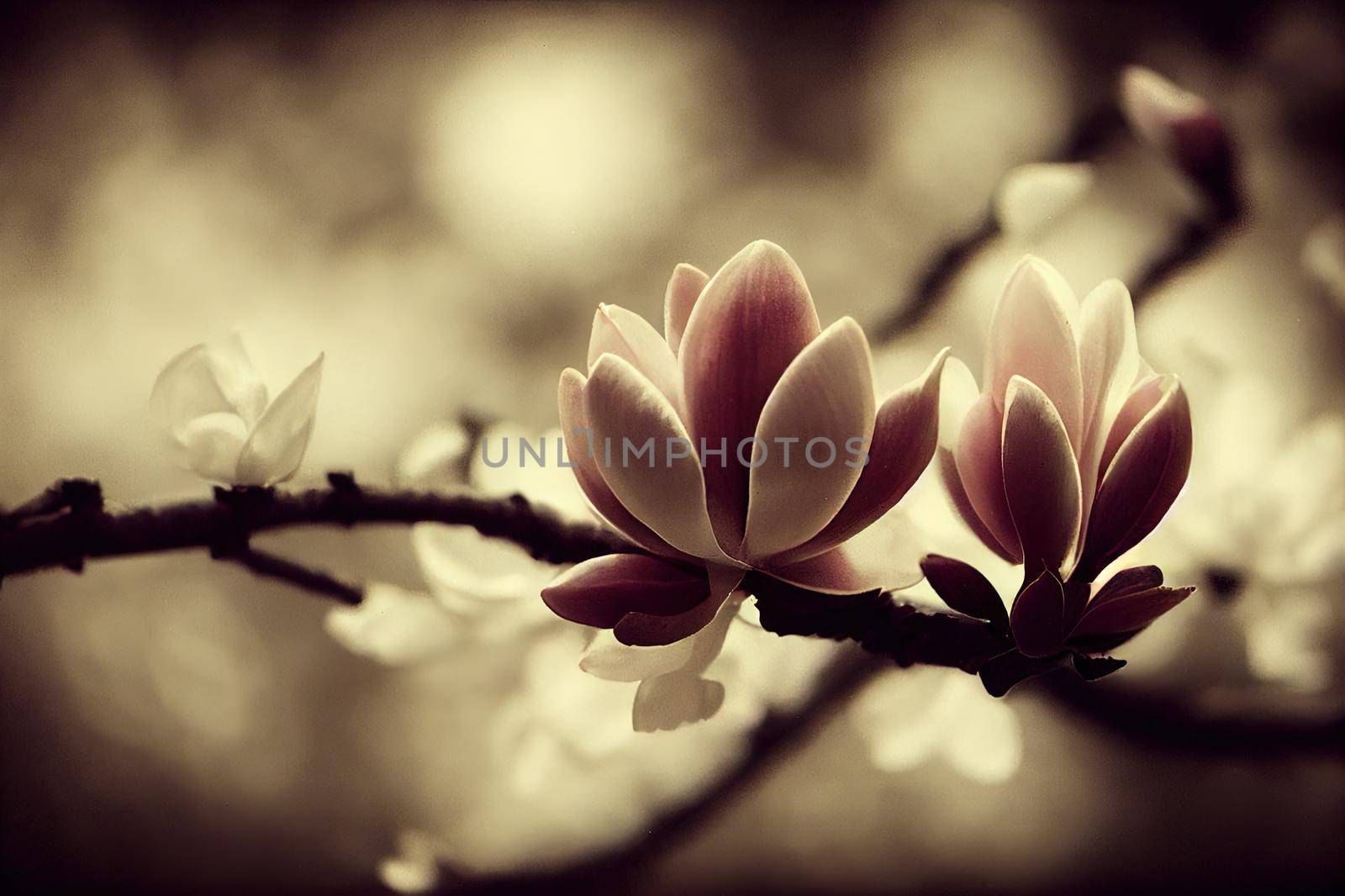 Magnolia blossom emotional dream. Vintage toned photo. Enchanted sad spring landscape. Selective focus and shallow depth of field.. High quality illustration