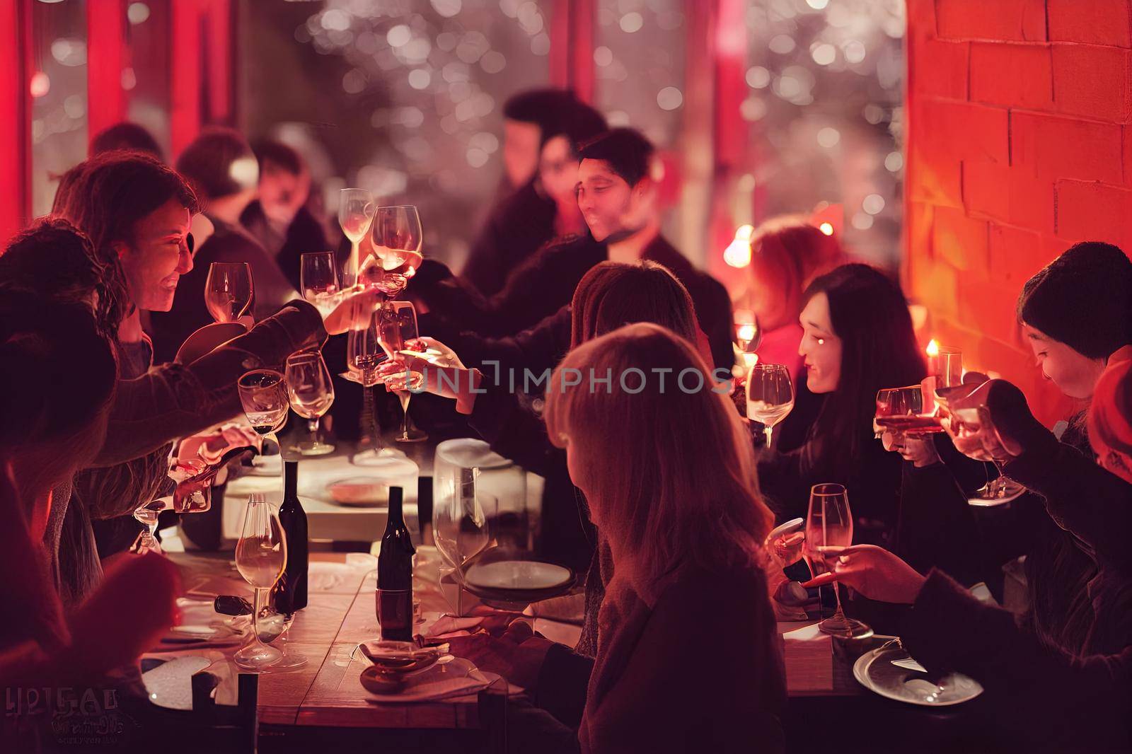 Happy friends group toasting red wine dining at restaurant terrace Young people socializing drinking and eating food sitting outside at winery bar table Winter season Dinner lifestyle concept. High quality illustration