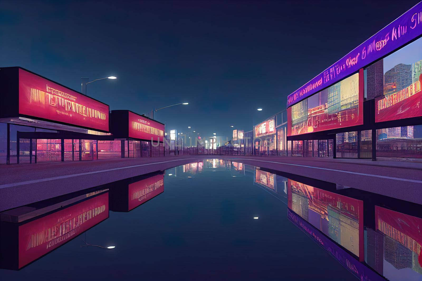 3D Rendering of billboards and advertisement signs at modern buildings in capital city with light reflection from puddles on street. Concept for night life, never sleep business district center CBD. High quality illustration