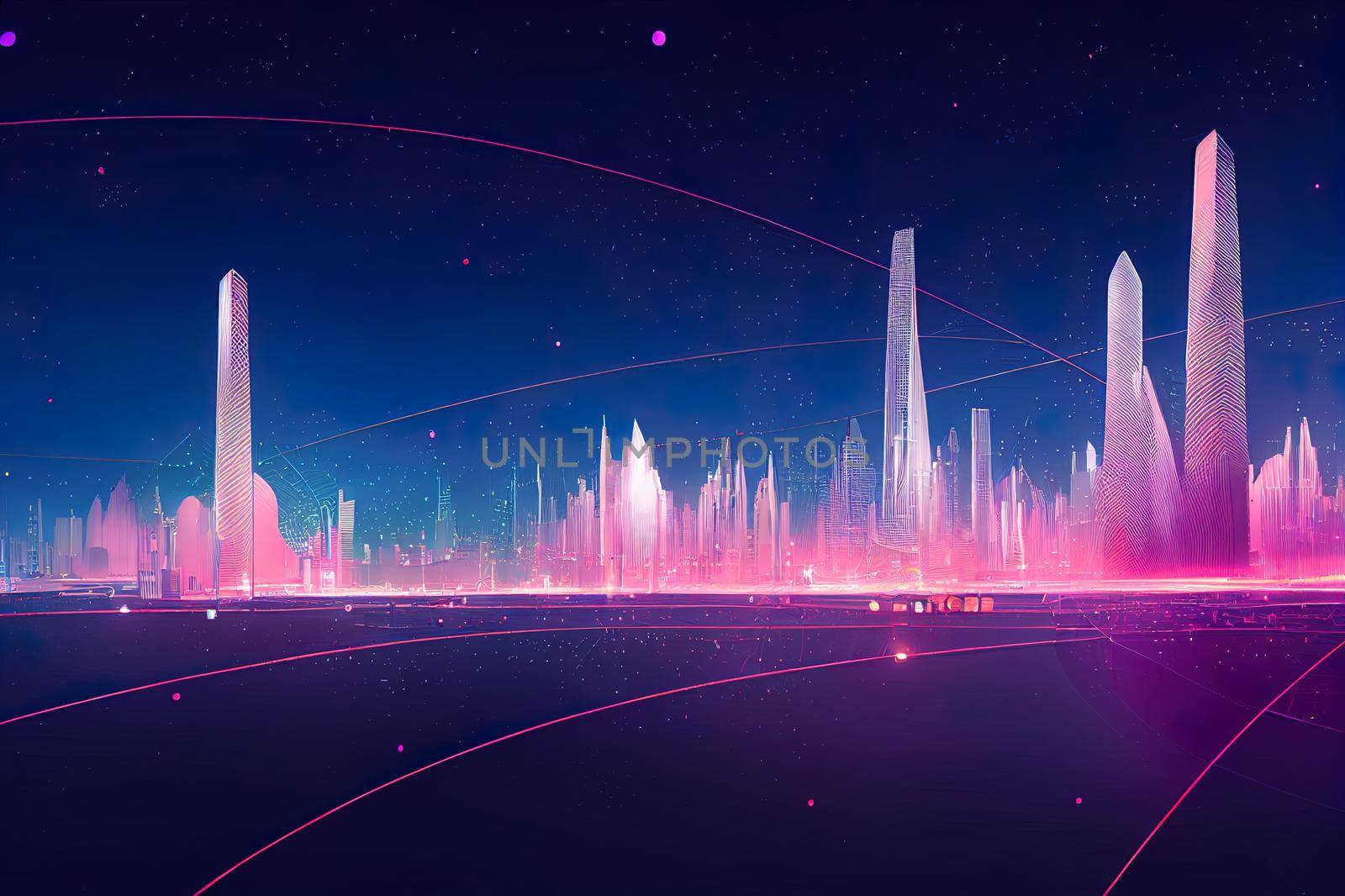 Abstract futuristic night city with dots and line connection. Concept for IOT, smart city, speed connection and intelligent network.. High quality illustration