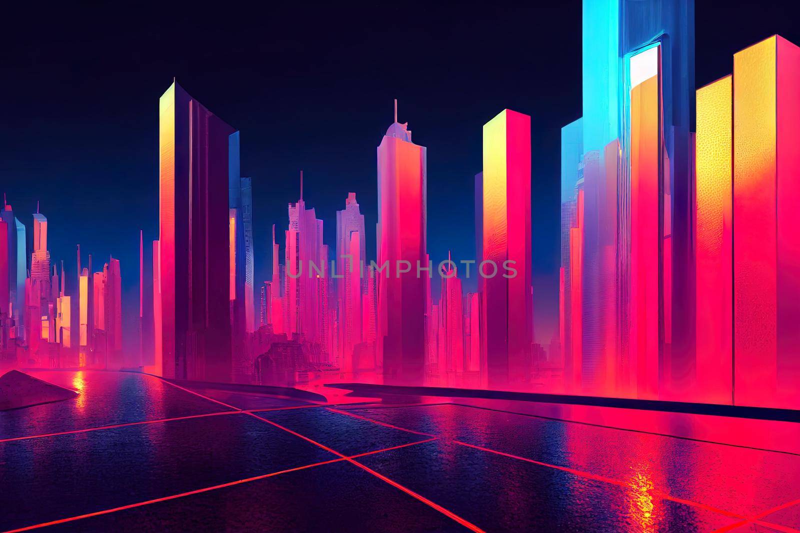 3D Rendering of abstract neon mega city with light reflection from puddles on street. Concept for night life, never sleep business district center CBDCyber punk theme.. High quality illustration
