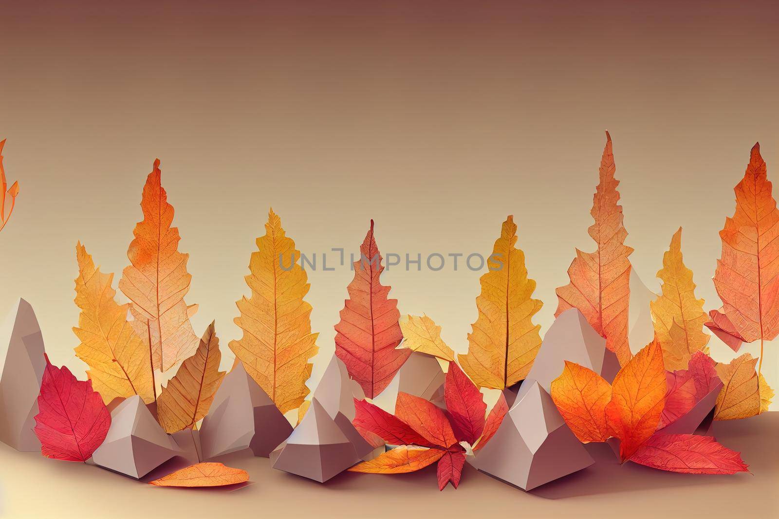 3d podium. Abstract minimal scene with autumn geometric forms. cylinder podium in orange background with autumn plant leaves. product presentation, mockup, show product, podium, stage pedestal .. High quality illustration