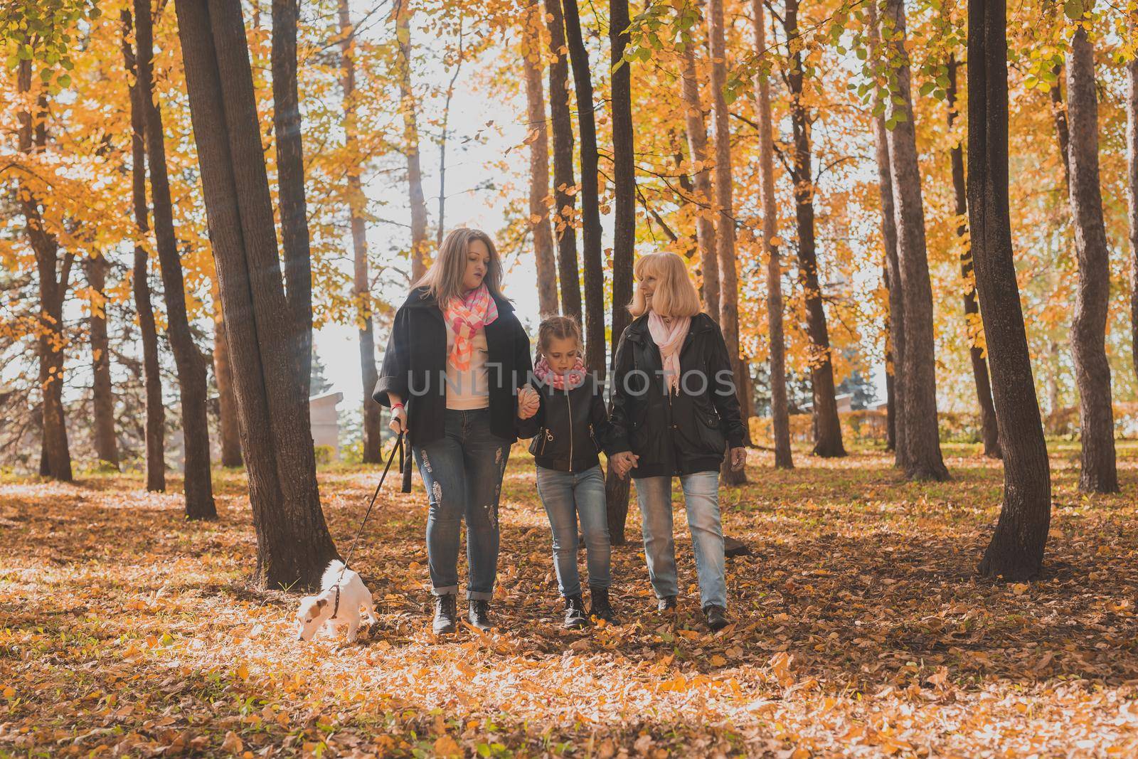 Grandmother and mother with granddaughter walks together in autumn park and having fun. Generation, leisure and family concept. by Satura86