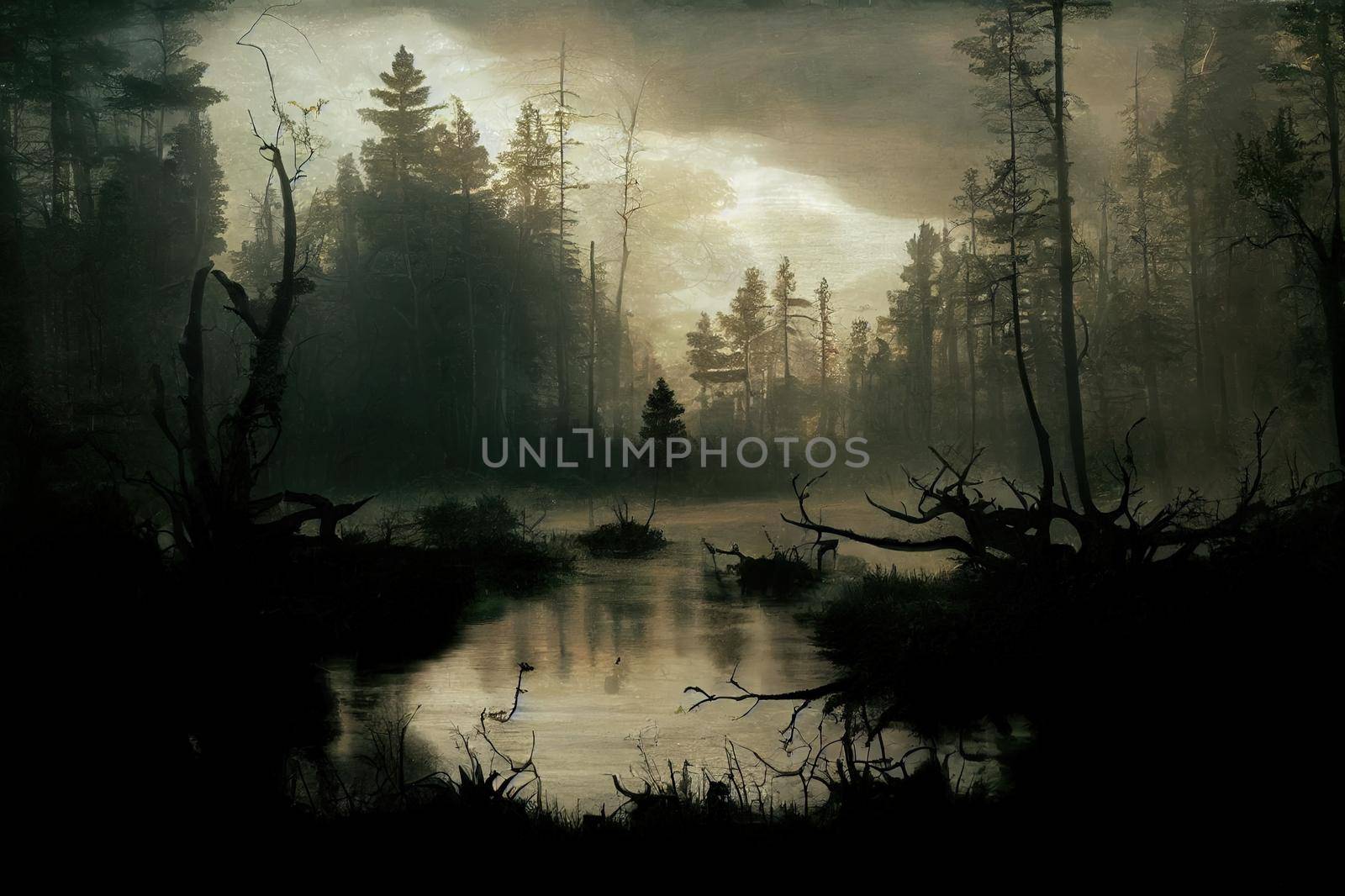 Empty, misty swamp in the moody forest with copy space. High quality illustration