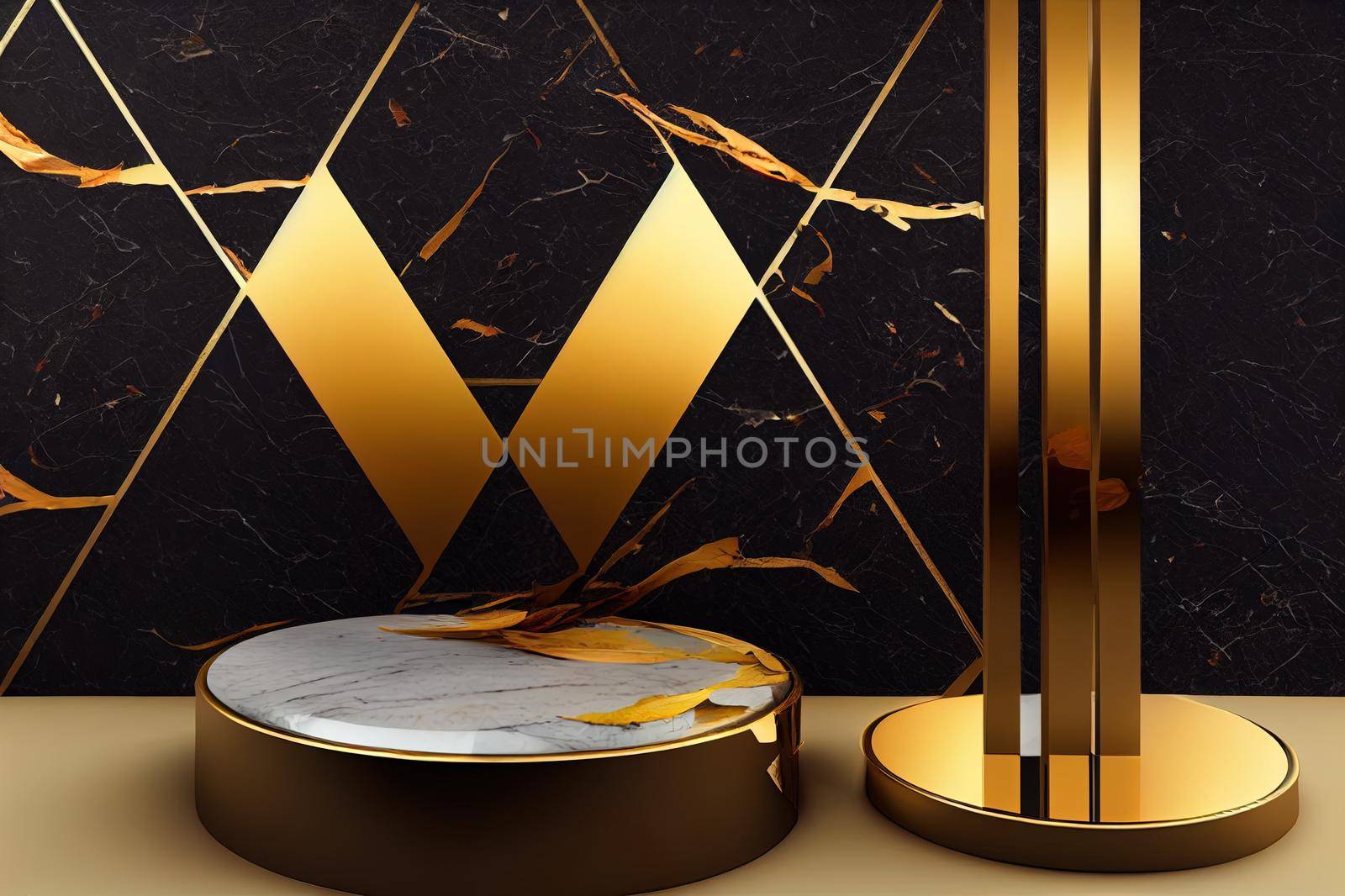 luxury marble box, block, cylinder podium with maple leaves in autumn theme background. concept scene stage showcase, product, promotion sale, banner, presentation, autumn, cosmetic. 3D rendering. High quality illustration